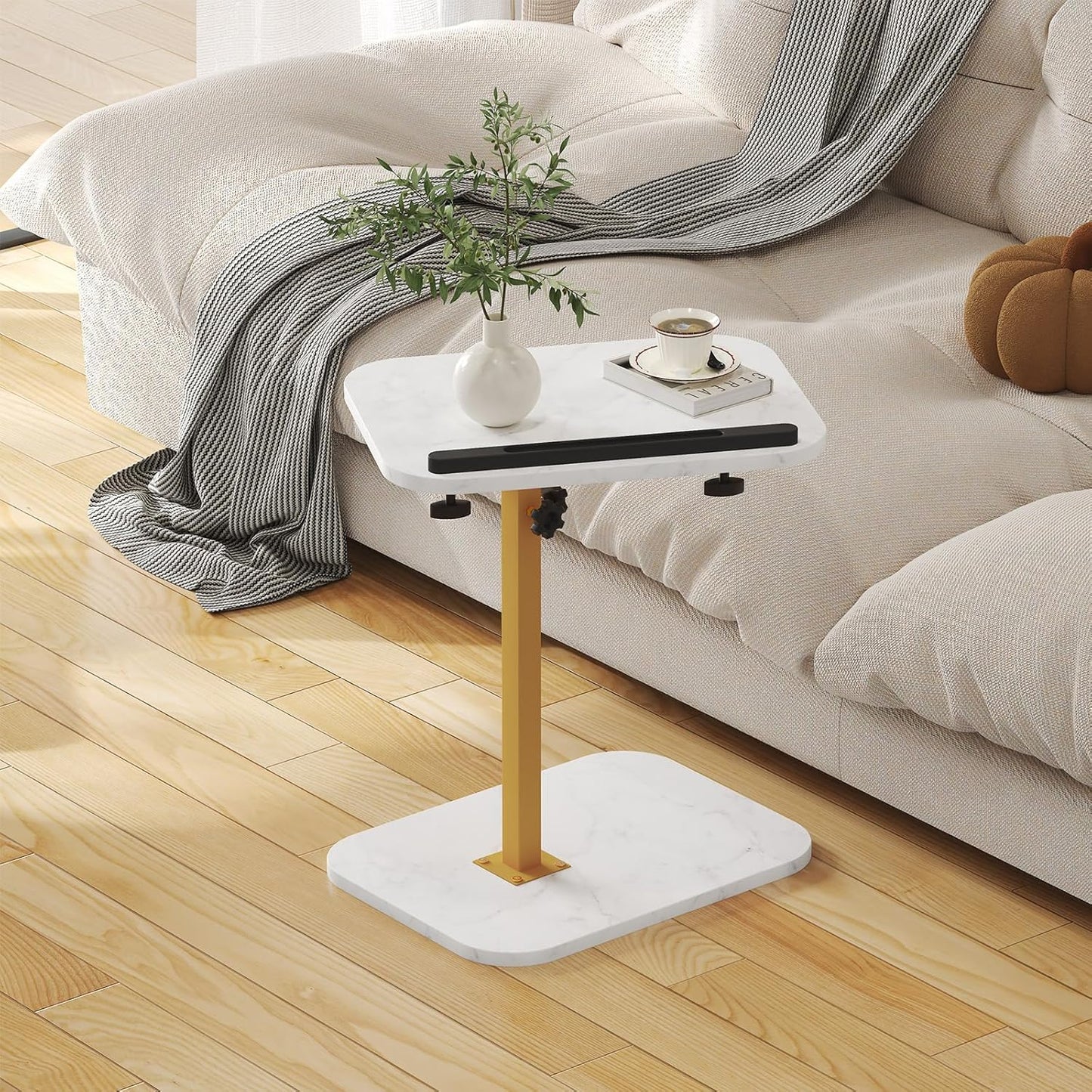 Sofa Couch Arm Table Tv Tray Small Bed Stand C Shaped Side End Tables for Living Room, Bedroom, Marble