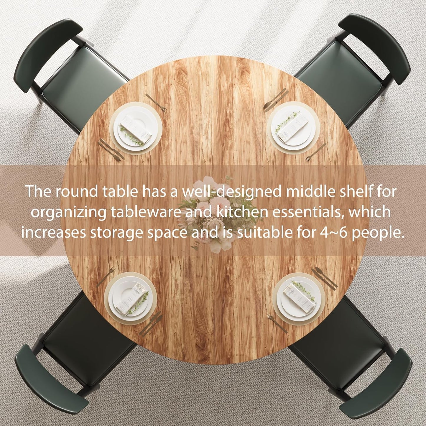 GarveeHome Round Dining Table for 4-6, 47.2" Farmhouse Kitchen Table with Storage, Circle Dinner Tables for Kitchen, Dining Room, Living Room, Meeting Room, Apartment, Retro