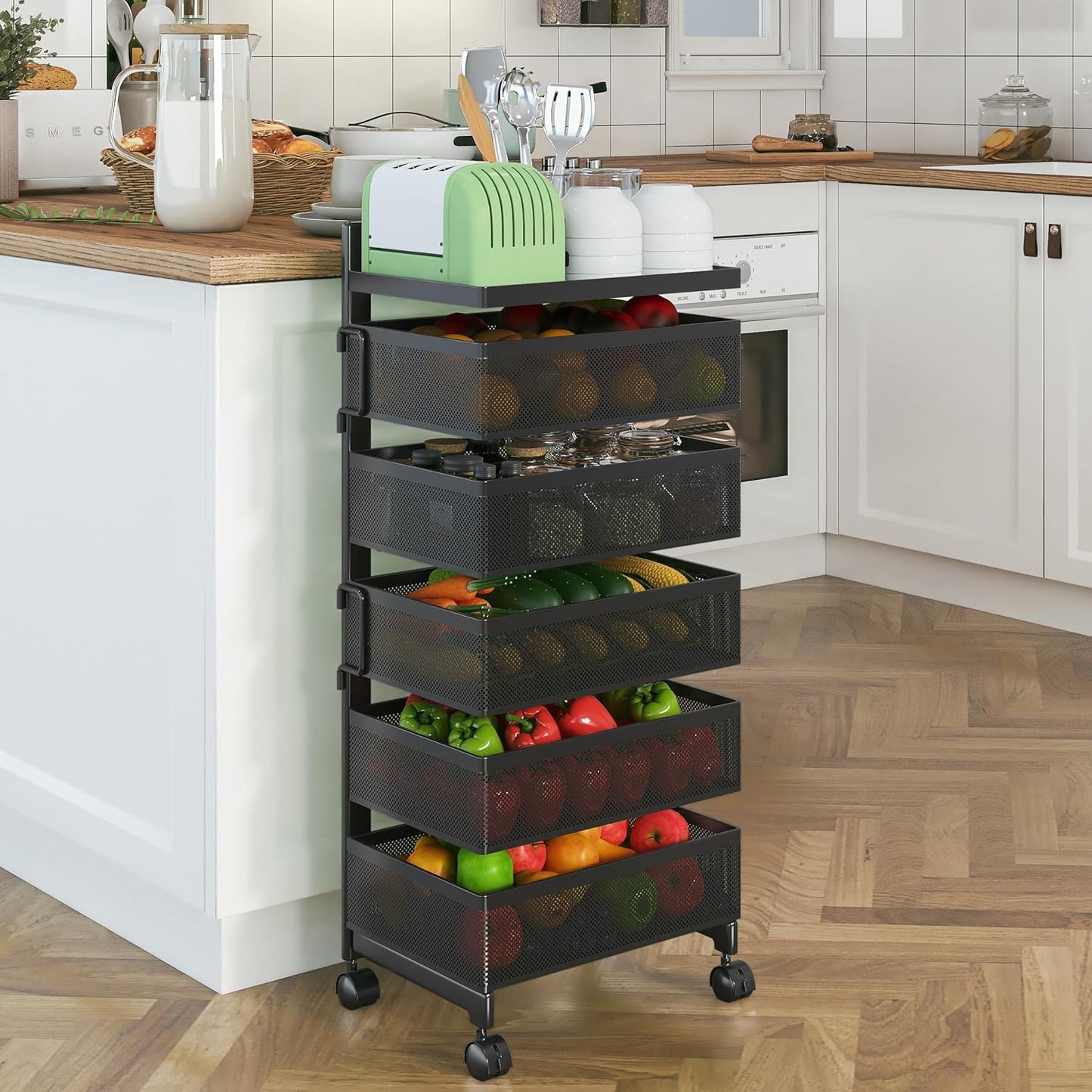 Rolling Rotating Storage Cart No Assembly Required,Bathroom Shelf Fruit and Vegetable Basket for Kitchen,Storage Drawer Organizer Cart ,Metal Utility cart on Wheels(Black, 5 Tier-Square)