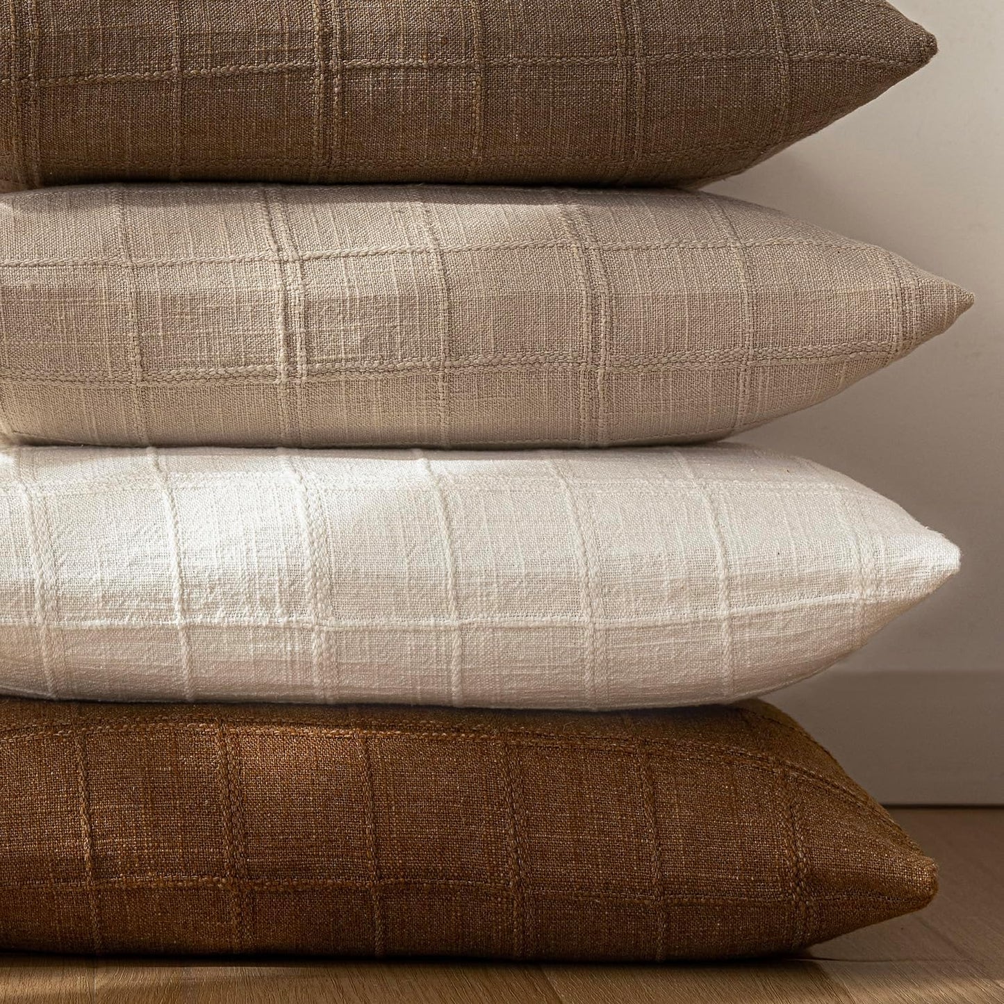 Foindtower Set of 2 Decorative Linen Check Throw Pillow Covers Neutral Farmhouse Vintage Cushion Covers Modern Boho Home Decor for Sofa Chair Couch Bedroom Living Room Outdoor,22×22 Inch,Cream White