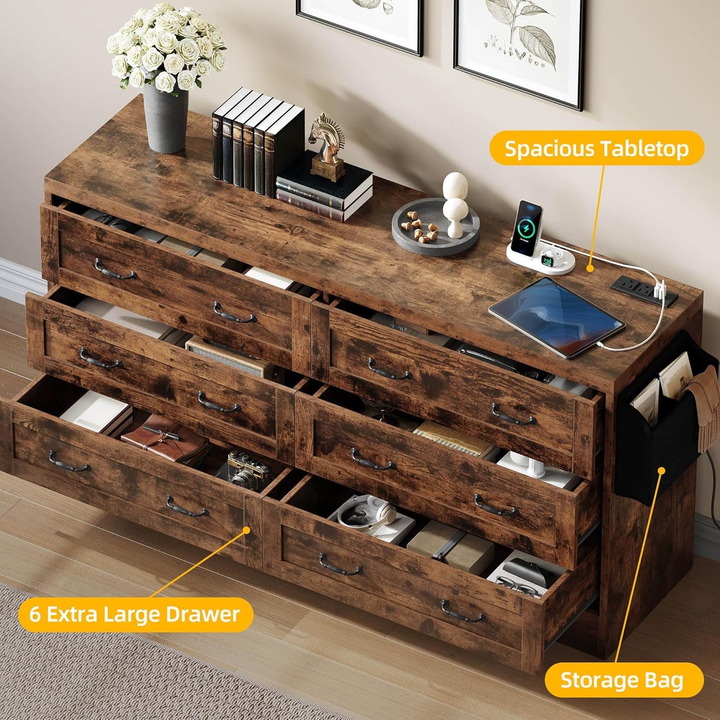 YITAHOME Rustic Brown Drawers TV Stand for 65 inches with Power Outlets -Chest of Drawers Dresser with Side Organizer Bag Entertainment Center TV Console