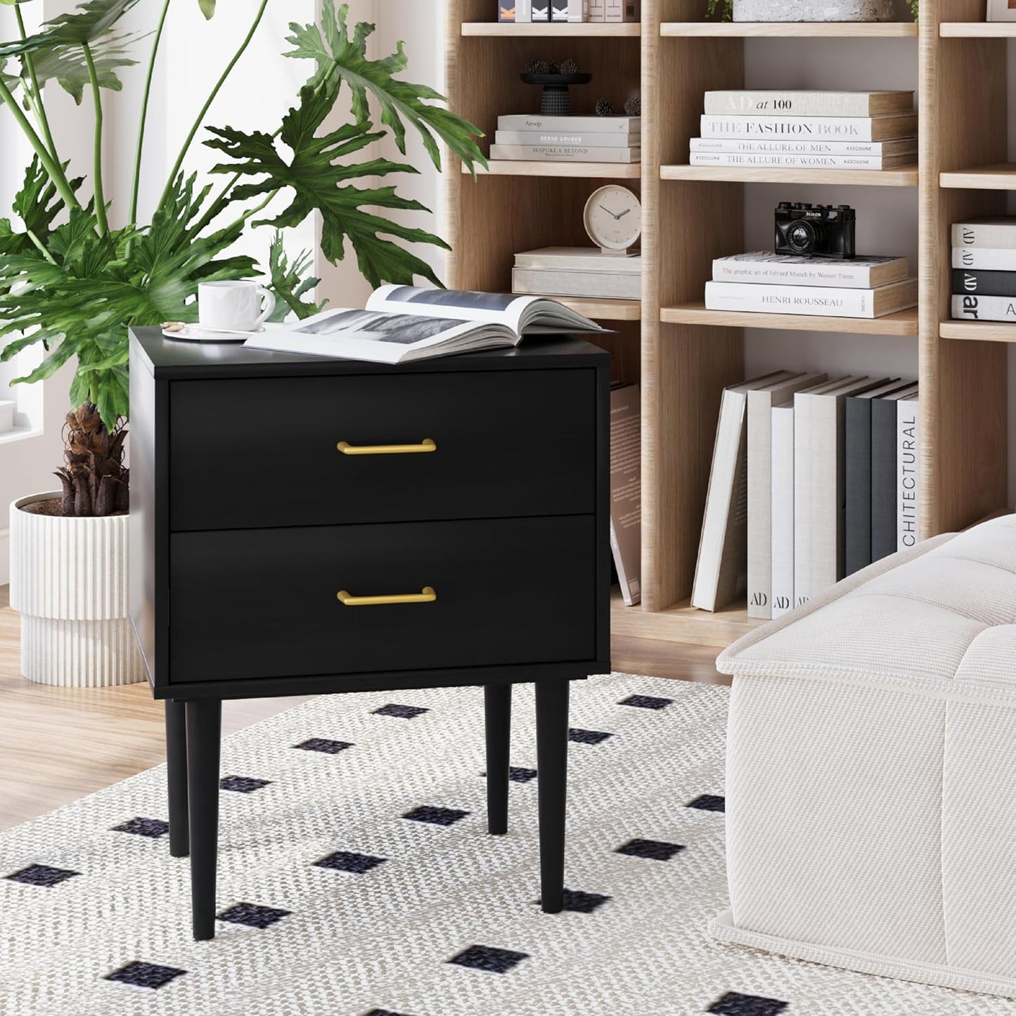Black Nightstand with 2 Drawers, Modern Night Stand Black, Wooden Night Stands for Bedroom, Bed Side Table, End Table, Gold Handle 26 Inch Tall, Large Size