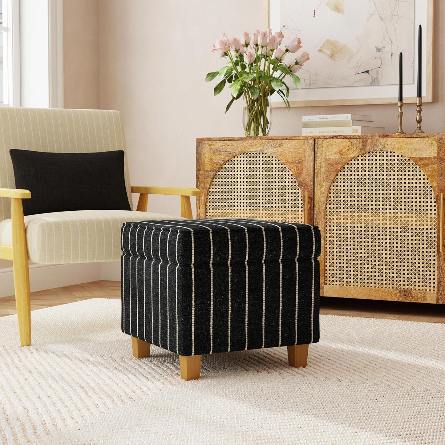 HomePop Home Decor |K7342-F2372 | Classic Square Storage Ottoman with Lift Off Lid- Black with Boucle Stripe