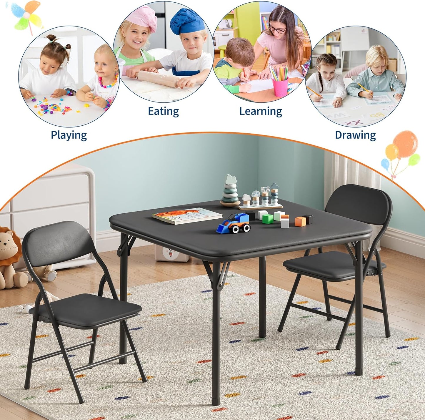 GarveeHome 3-Piece Kids Folding Table and Chairs Set, Toddlers Children's Activity Table and Chairs Set for Dining Room,Daycare,Classrooms