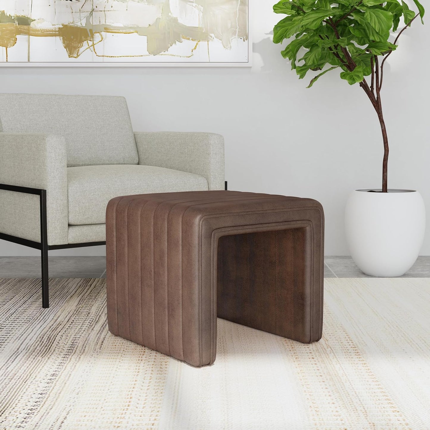 HomePop Modern Channel Tufted Faux Leather Ottoman Home Décor|Ottoman for Living Room & Bedroom - Brown Faux Leather