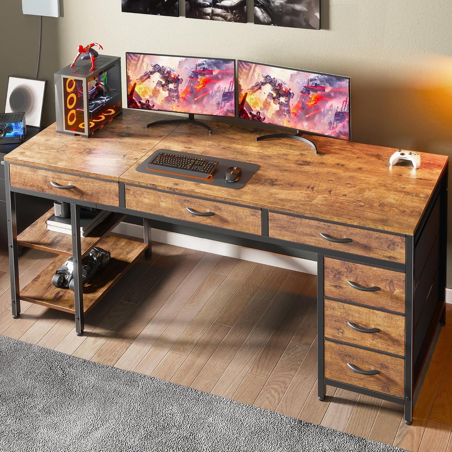 Huuger Computer Desk with 6 Drawers, 63 Inch Office Desk with Shelves, Reversible Gaming Desk, Corner Desk with Storage, for Home Office, Study, Living Room, Rustic Brown