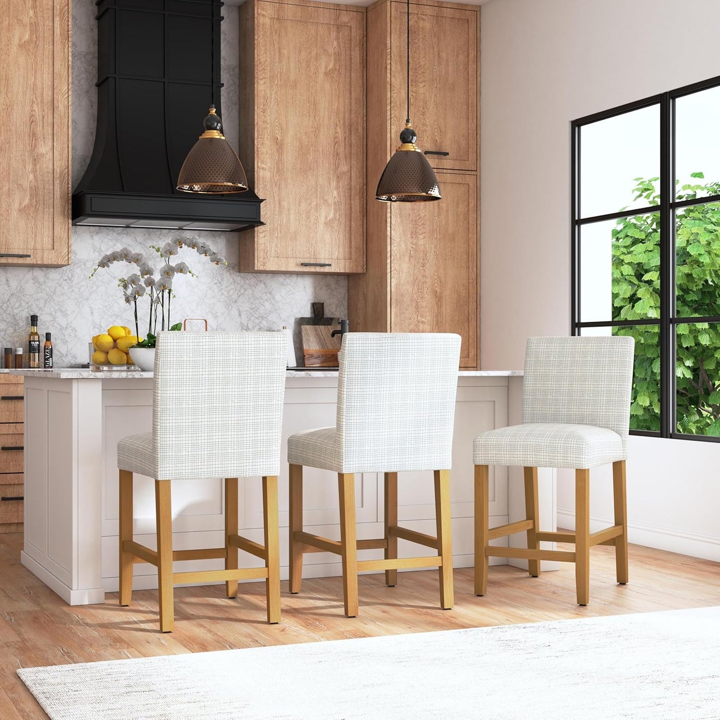 HomePop Home Decor | Classic Counter Height Bar Stools | 24 Inch Bar Stools | Decorative Home Furniture, Cream Grid Pattern