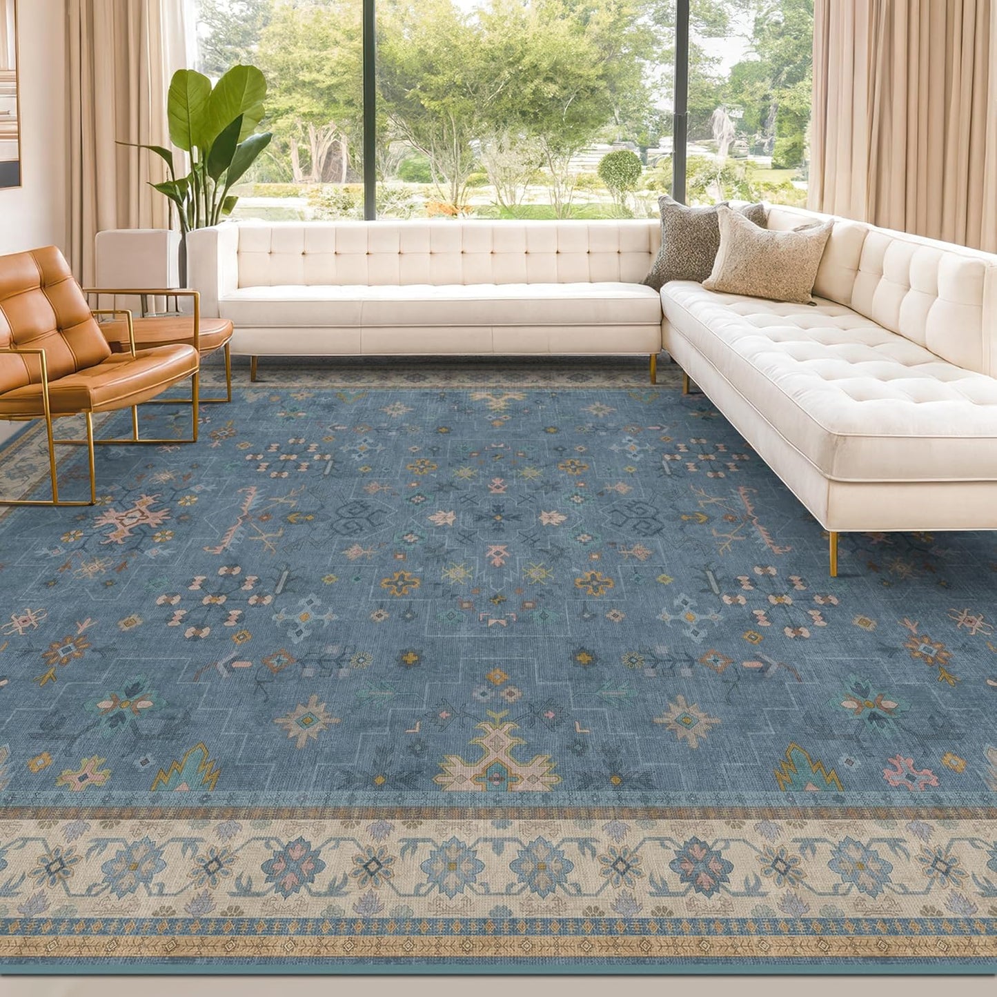 Boho 9x12 Soft Rugs for Living Room - Dark Blue Rugs for Bedroom Aesthetic, Dining Room Under Kitchen Table, Washable Soft Non Slip Large Area Eclectic Unique Décor