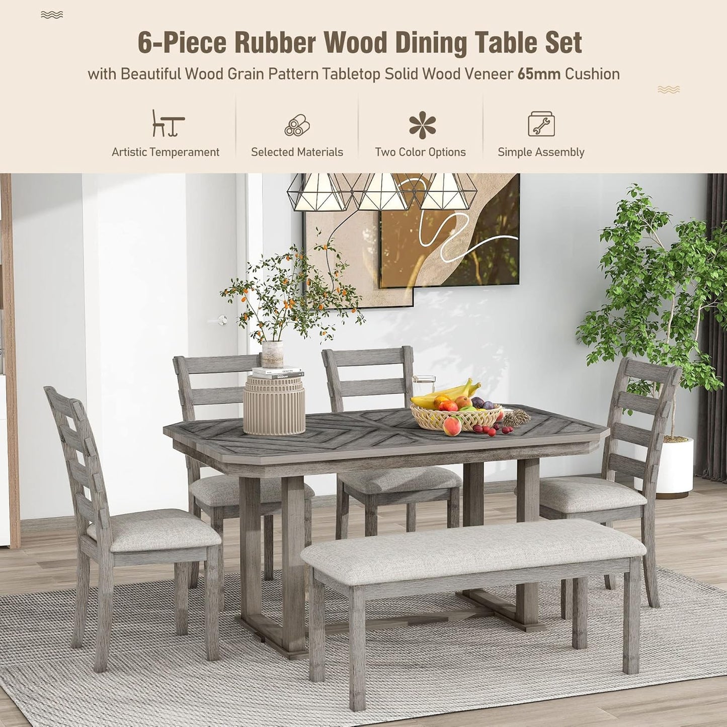 Merax 6-Piece Rubber Wood Dining Table Set with 4 Cushioned Chairs and Bench, Beautiful Wooden Grain Pattern Tabletop, Grey