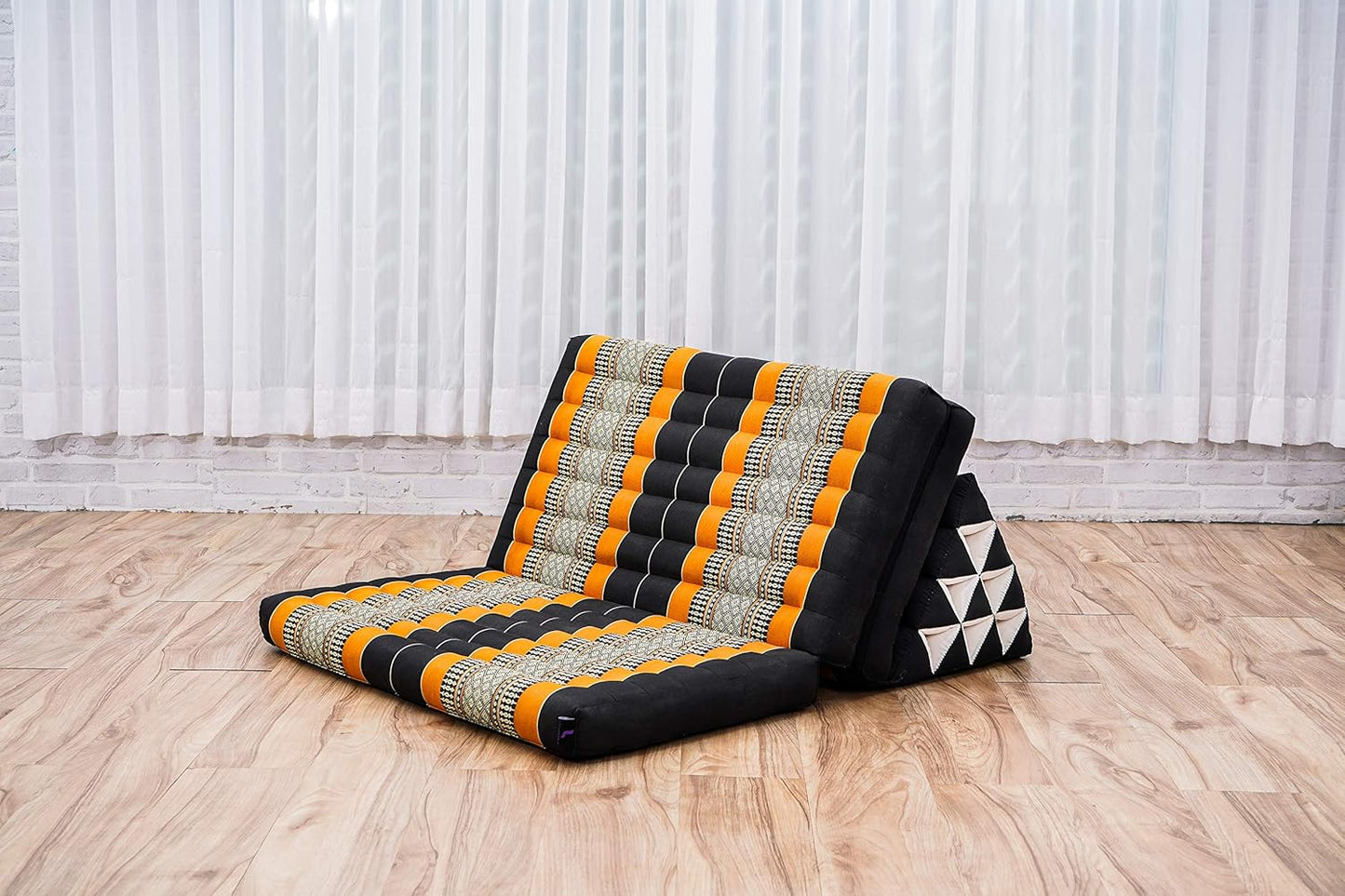 Leewadee Comfortable Japanese Floor Mattress - Thai Floor Bed with Triangle Cushion - Futon Mattress - XL Extra Wide Thai Massage Mat, 67 x 31 inches, Black Orange, Kapok Filling