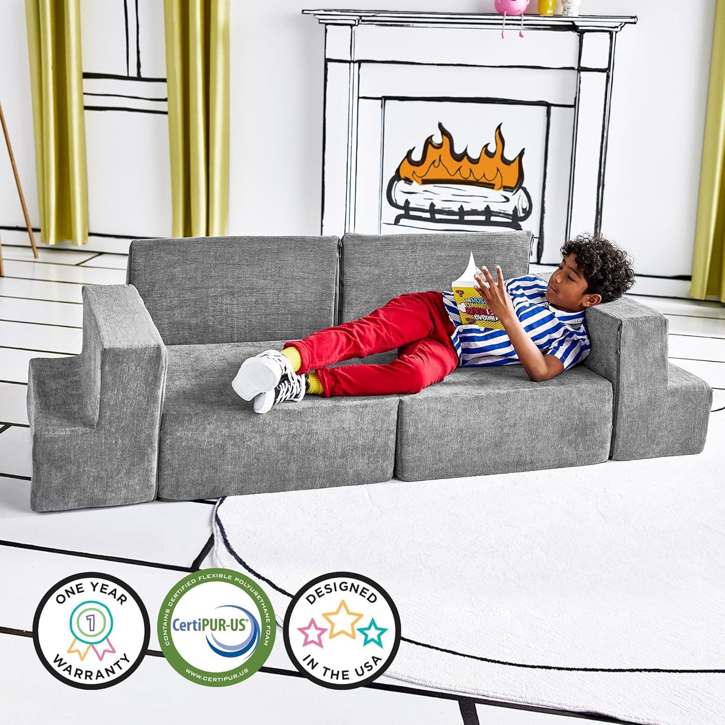 Yourigami Kids and Toddler Play Gym, Playroom Couch Set, Durable Modular Design, Mountain Gray