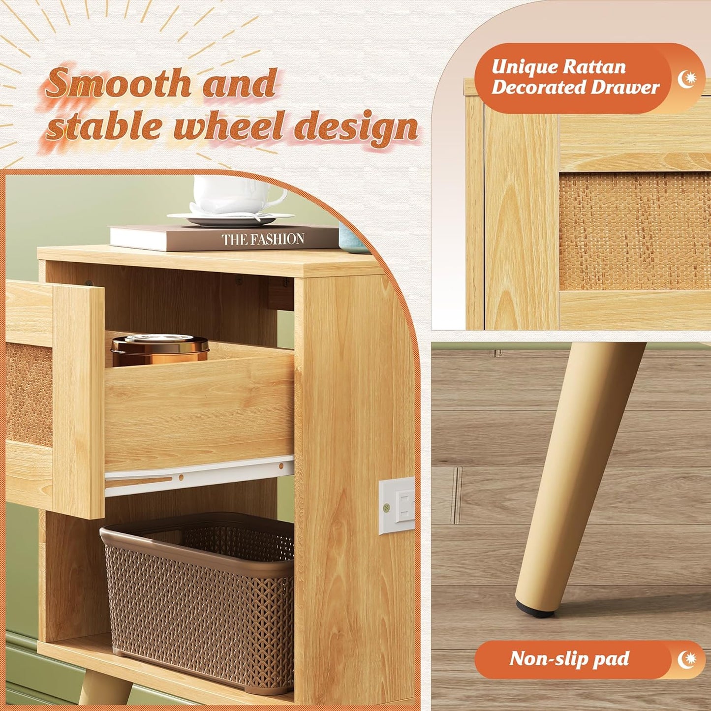 WLIVE Rattan Nightstand with Charging Station, Boho Night Stand, Small Bedroom Side Table, End Table with Drawer and Storage, Wood Bedside Tables for Bedroom, Small Spaces, Natural Oak