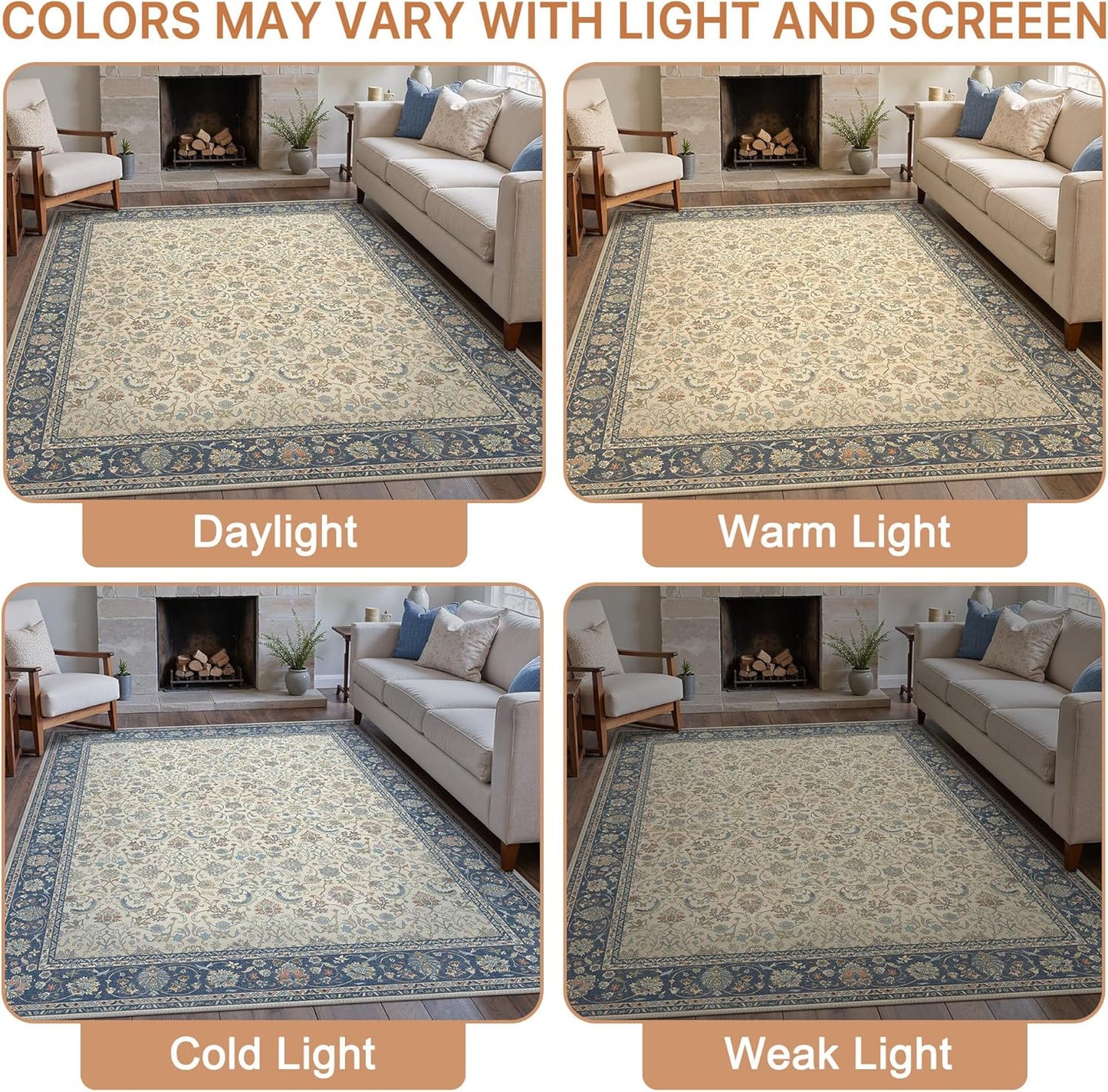 8X10 Area Rugs Machine Washable Rugs for Living Room, Vintage Boho Large Rugs for Bedroom Dining Room, Non Slip Indoor Soft Distressed Lightweight Thin Low Pile Carpet, Ivory Navy Blue