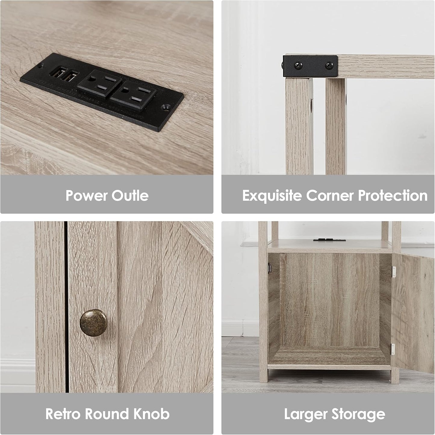 Farmhouse Nightstand with Charging Station, Rustic End Table Bedroom with Storage Living Room Side Table Beige Night Stand Industrial Bedside Bed Table with USB Ports and Outlets