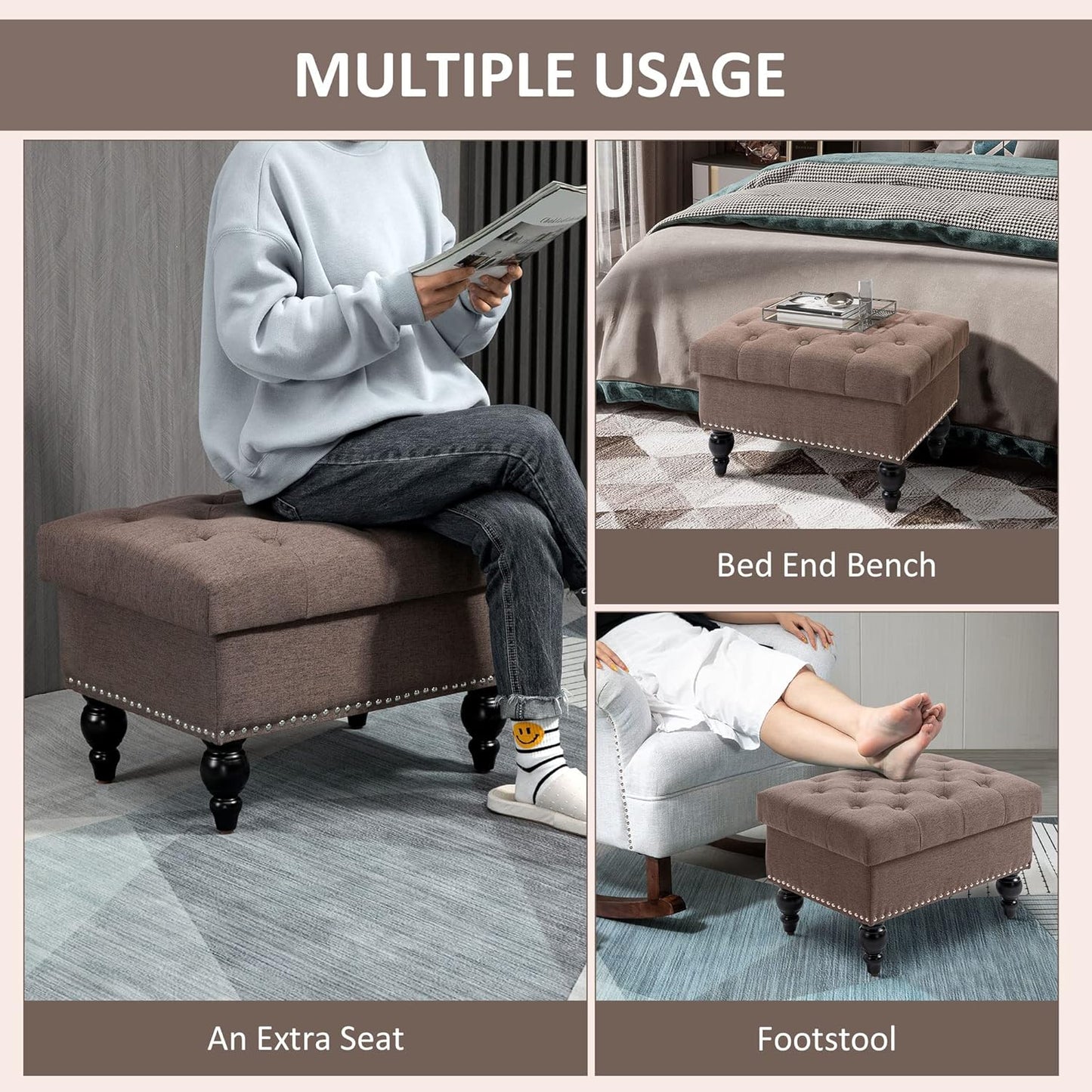 HOMCOM Ottoman with Storage for Living Room, 25" Storage Ottoman with Removable Lid, Button-Tufted Fabric Bench for Footrest and Seat with Wood Legs, Coffee