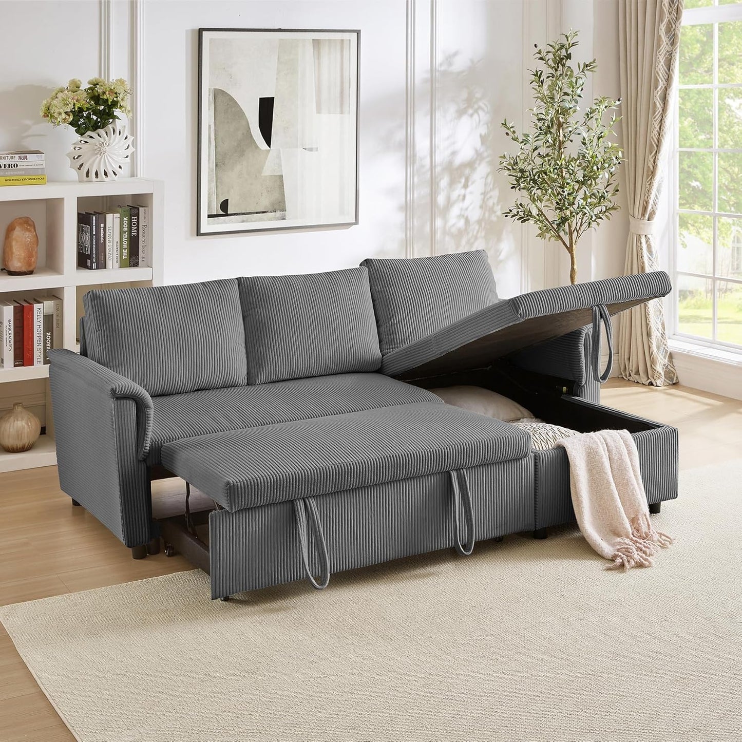 Ball & Cast Reversible Sectional Sofa Couch,L-Shape Sleeper Sofa Bed with Storage Chaise Pull Out Couch for Living Room | Hidden Storage | Pull Out Bed | Removable Backrest | Corduroy Fabric,Gray