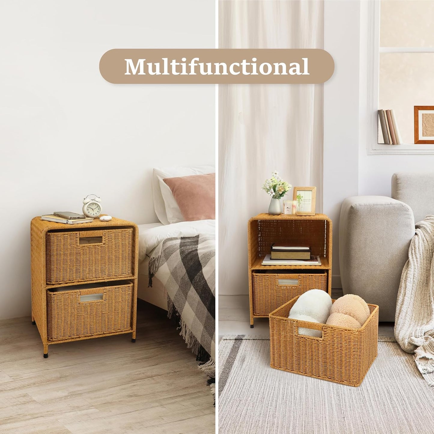 myHomeBody Wicker Nightstand with Drawers, Bed Side Table Bedroom, End Table with Storage, Small Storage Cabinet, Drawers for Bedroom, Latte