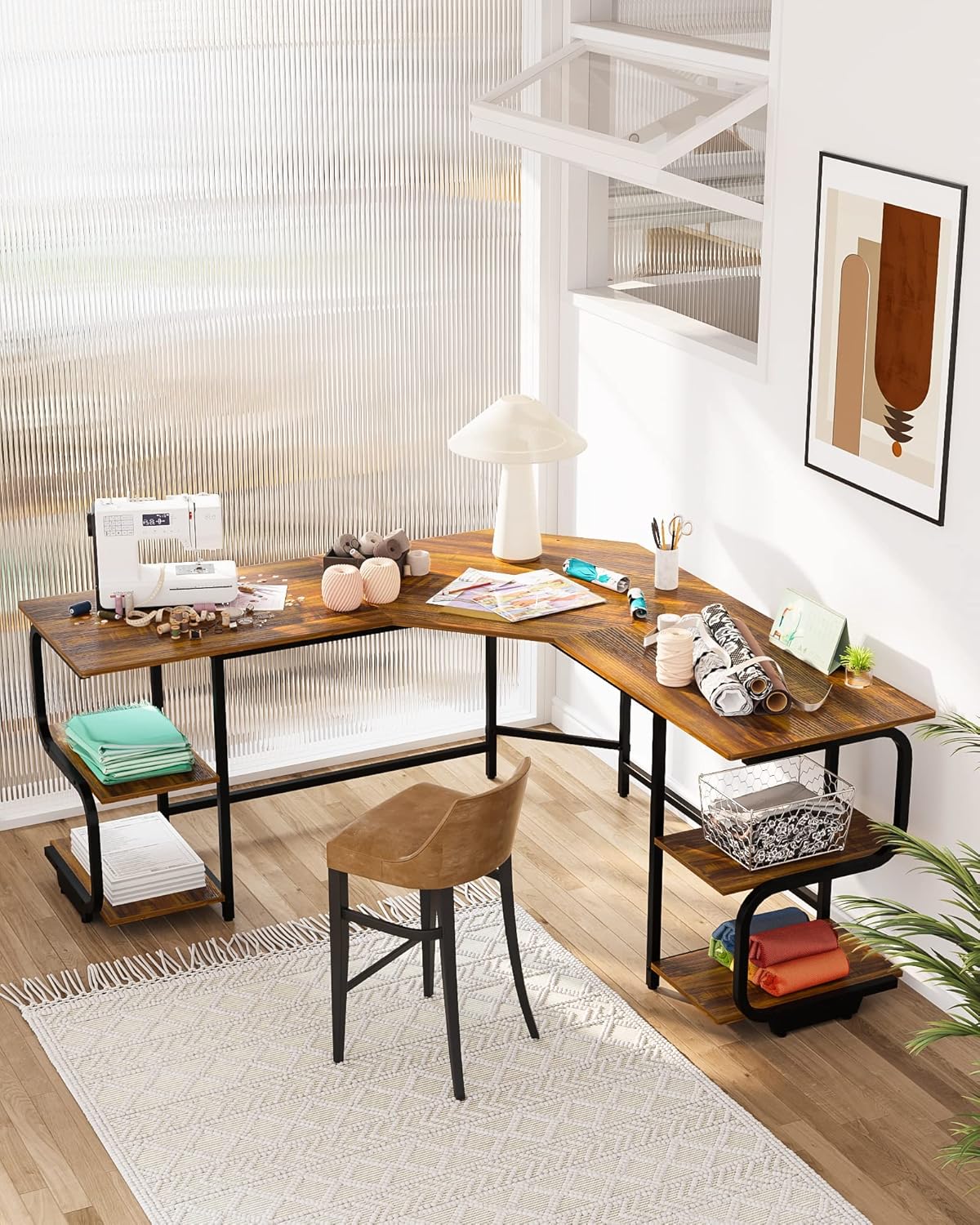 Teraves Modern L Shaped Desk with Shelves,64.84" Computer/Gaming Desk for Home Office,Corner Desk with Desktop (Teak+Black Frame, Large+4 Tier Shelves)