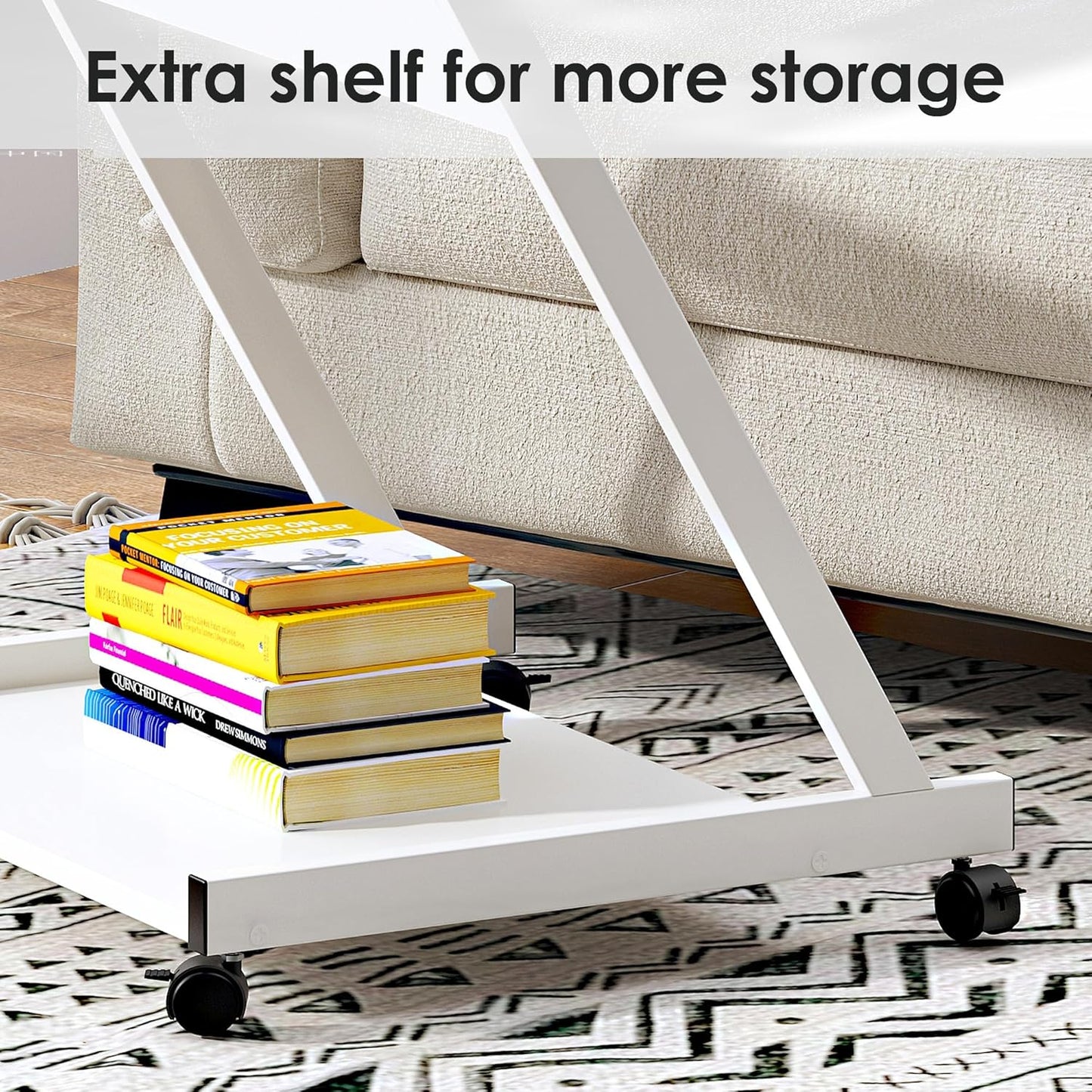 soges Small Rolling Computer Desk, Z Shape Laptop Desk Cart on Wheels, Mobile Computer Workstation for Home and Office with Keyboard Tray, White