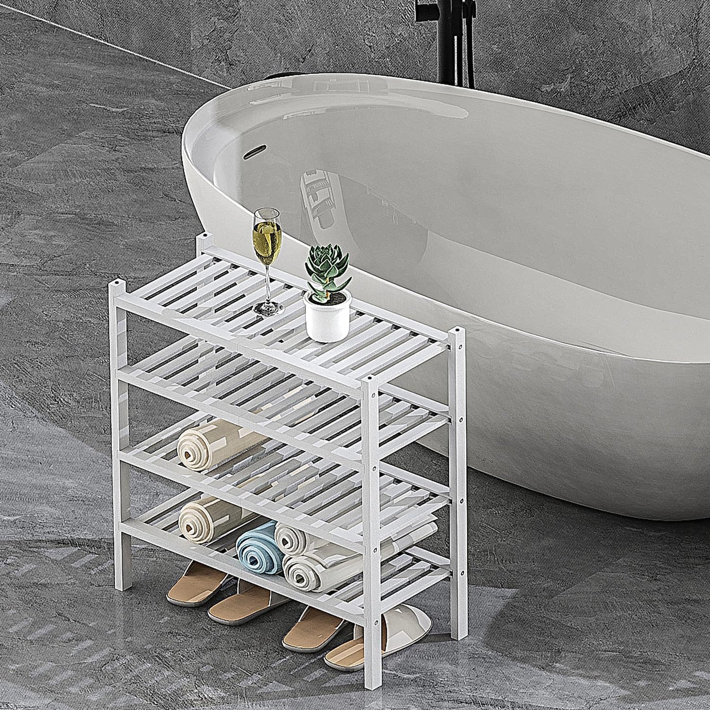 Shoe Rack 2-Tier Organizer-Stackable Storage Shelf with Multi-Function Combinations-Free Standing Bamboo Shoe Racks for Closet,Entryway,Hallway,Bathroom,Living Room Shoe Organization (White, 2-Tier)