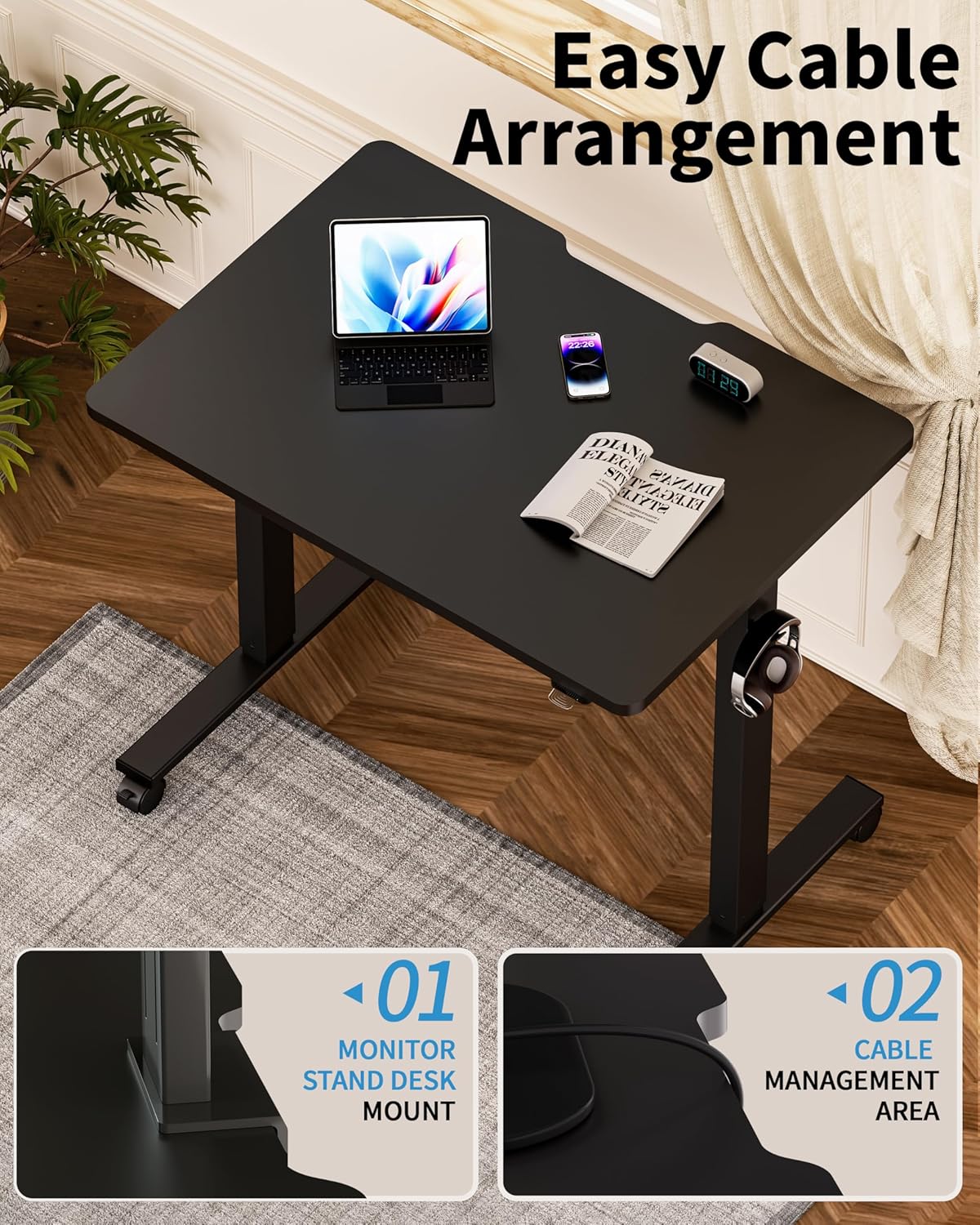 Okin Small Electric Standing Desk, 36" x 24" Whole Piece Height Adjustable Desk, Black Sit to Stand Desks Computer Workstation with Wheels for Home Office