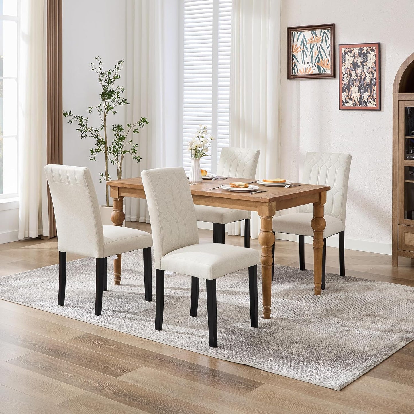 VECELO Upholstered Dining Chairs Set of 4, Modern Accent Parsons with Comfort Seat, Solid Wood Legs w/Rubber Footpads, for Living Room Kitchen, Beige