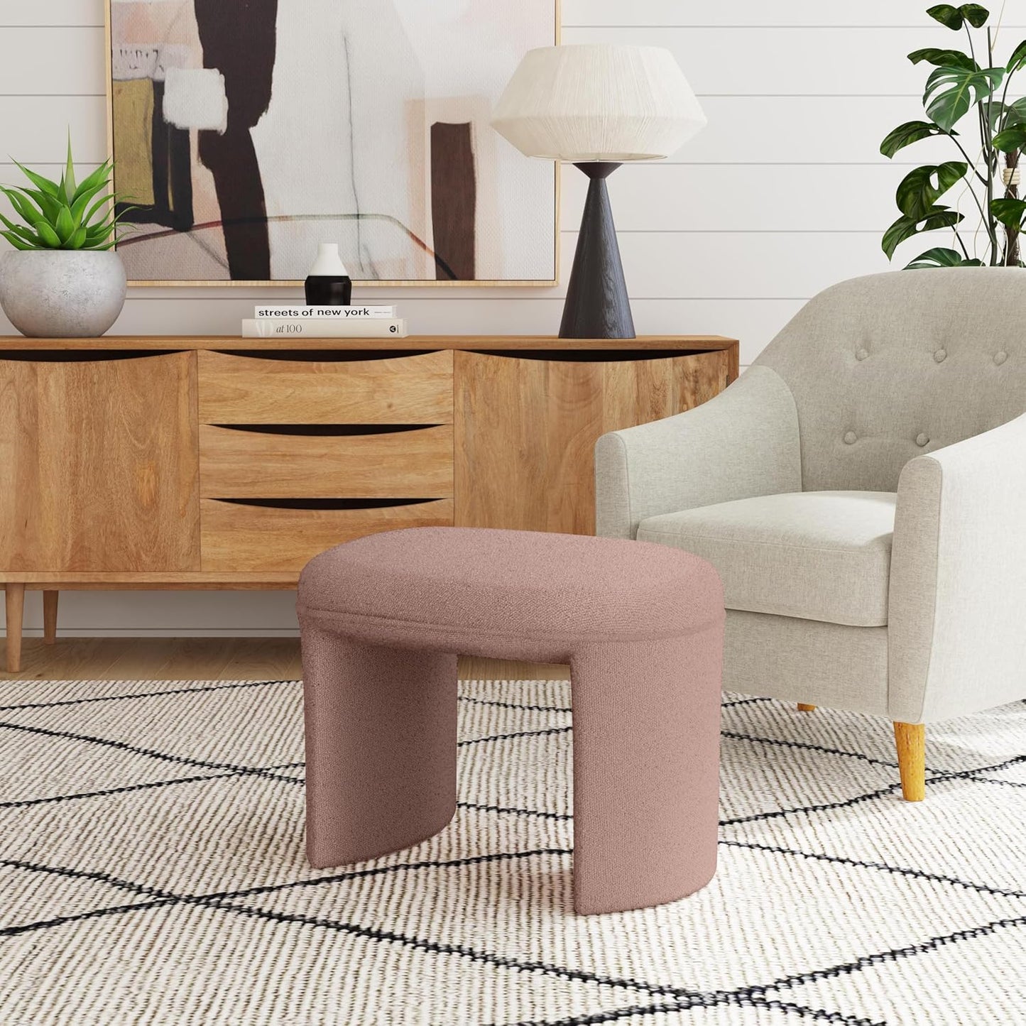 HomePop Quinn Modern Ottoman Home Décor|Ottoman for Living Room & Bedroom - Pink Boucle