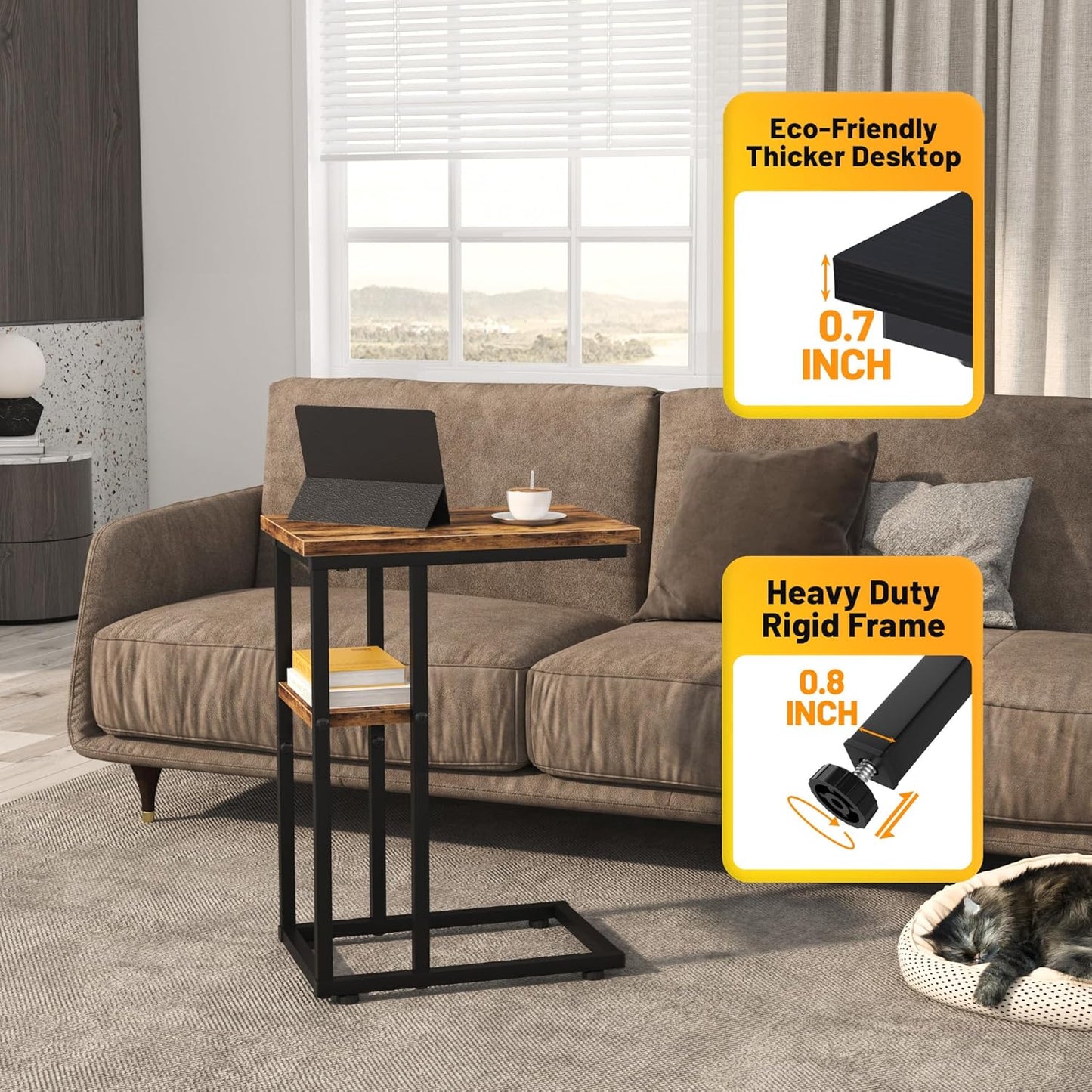 C Shaped End Table with Metal Frame, 2 Tier Sturdy C Table Side Table for Couch Sofa Bedside Small Space, C Snack Table TV Tray Record Player Stand Small Tables for Living Room Bedroom, Rustic Brown