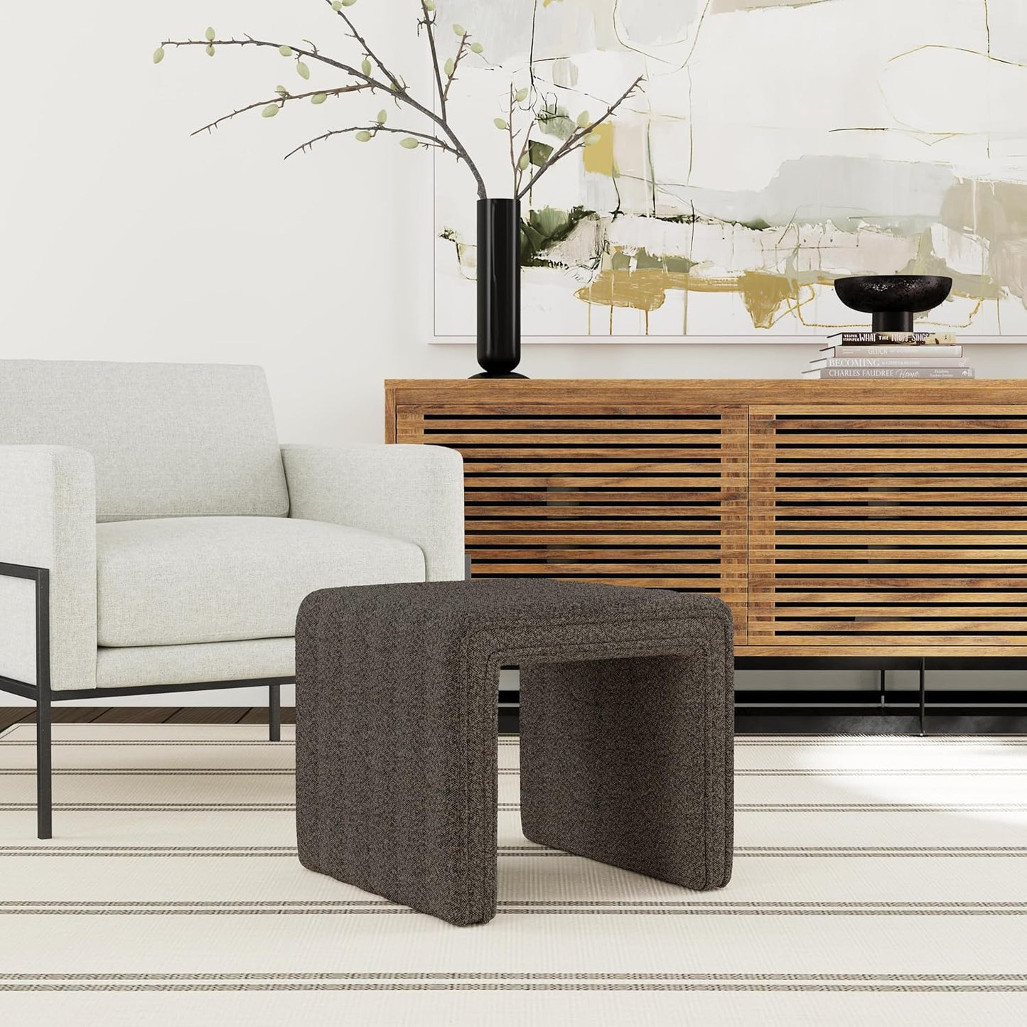 HomePop Modern Channel Tufted Ottoman Home Décor|Ottoman for Living Room & Bedroom - Dark Brown Boucle