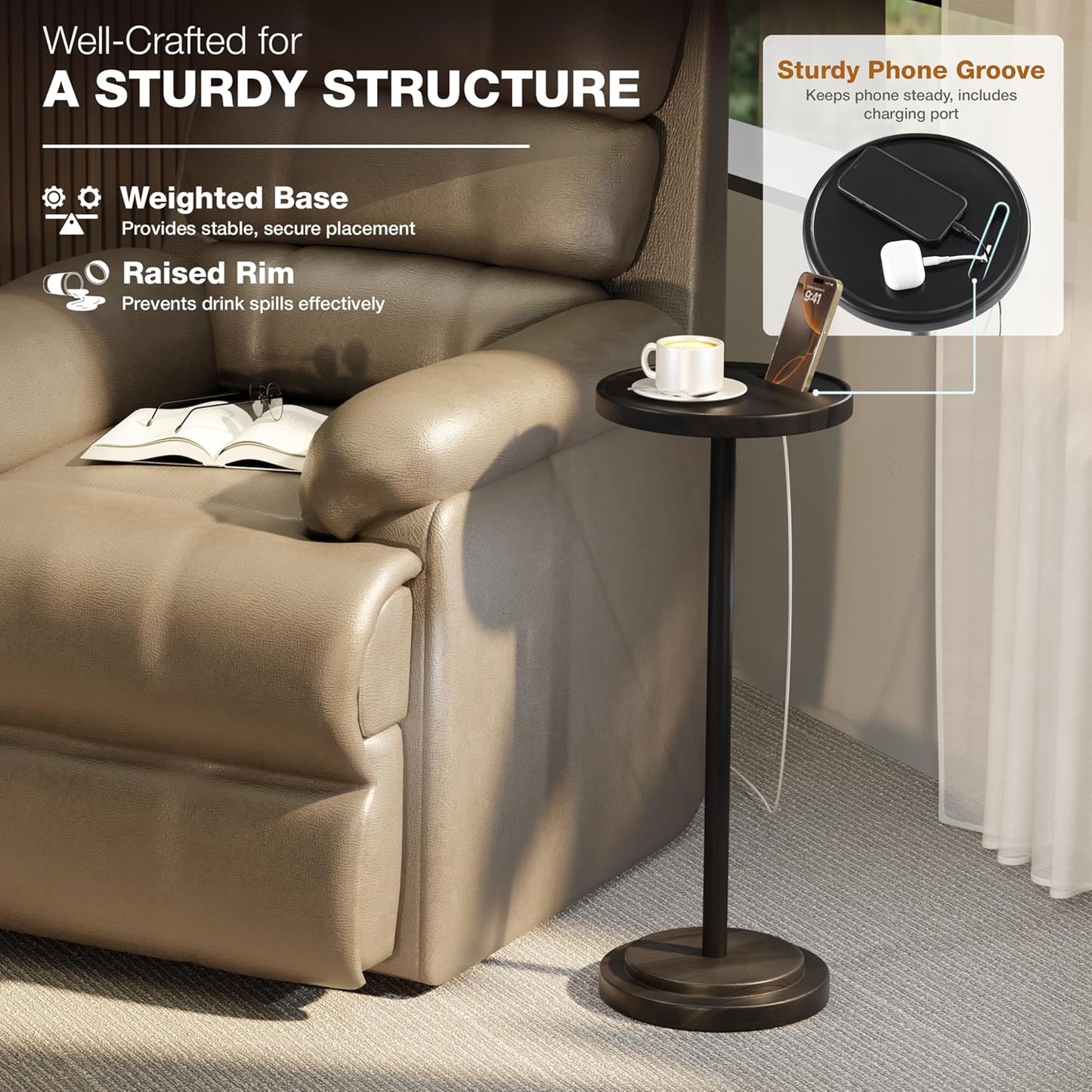 Drink Table, 24.4" Tall Compact Side Table with Phone Slot and Weighted Base, Durable Pedestal Table Accent for Living Room (Stepped Base, Black)