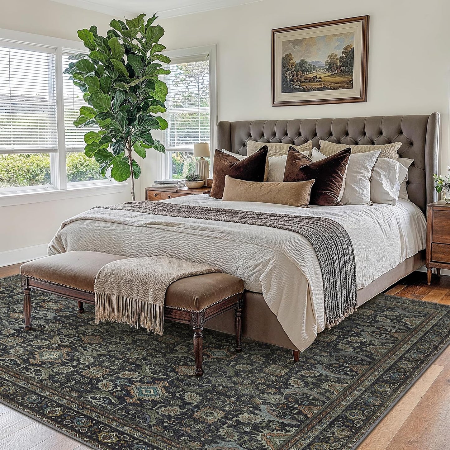 10X12 Area Rugs Machine Washable Rugs for Living Room, Vintage Boho Large Rugs for Bedroom Dining Room, Non Slip Indoor Soft Distressed Lightweight Thin Low Pile Carpet, Black