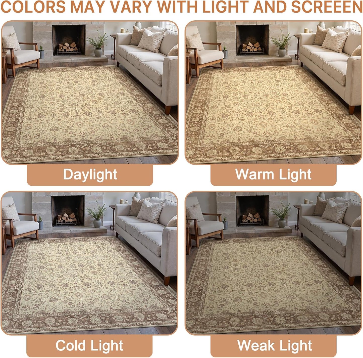 8X10 Area Rugs Machine Washable Rugs for Living Room, Vintage Boho Large Rugs for Bedroom Dining Room, Non Slip Indoor Soft Distressed Lightweight Thin Low Pile Carpet, Light Brown