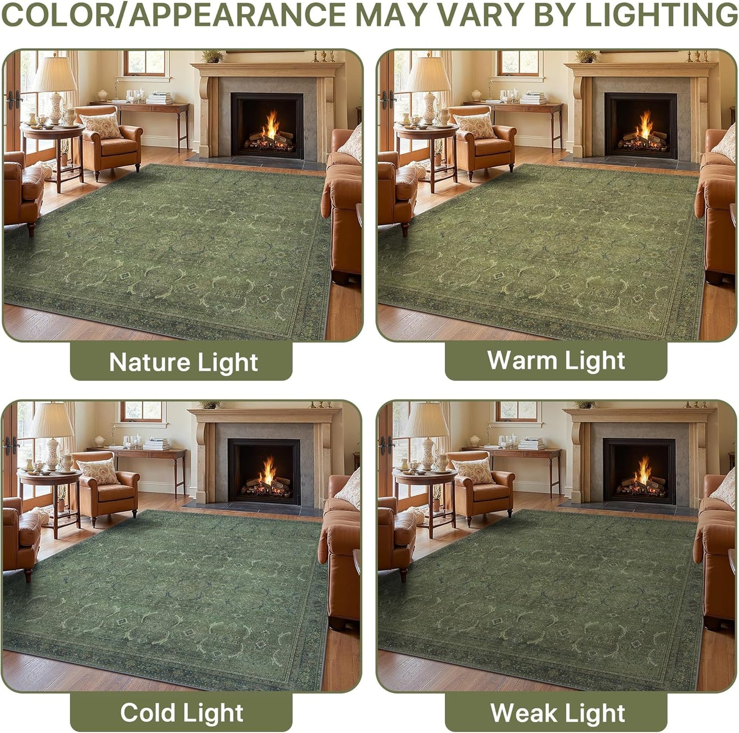 9X12 Area Rugs Machine Washable Rugs for Living Room, Vintage Boho Large Rugs for Bedroom Dining Room, Non Slip Indoor Soft Distressed Lightweight Thin Low Pile Carpet, Vivid Green