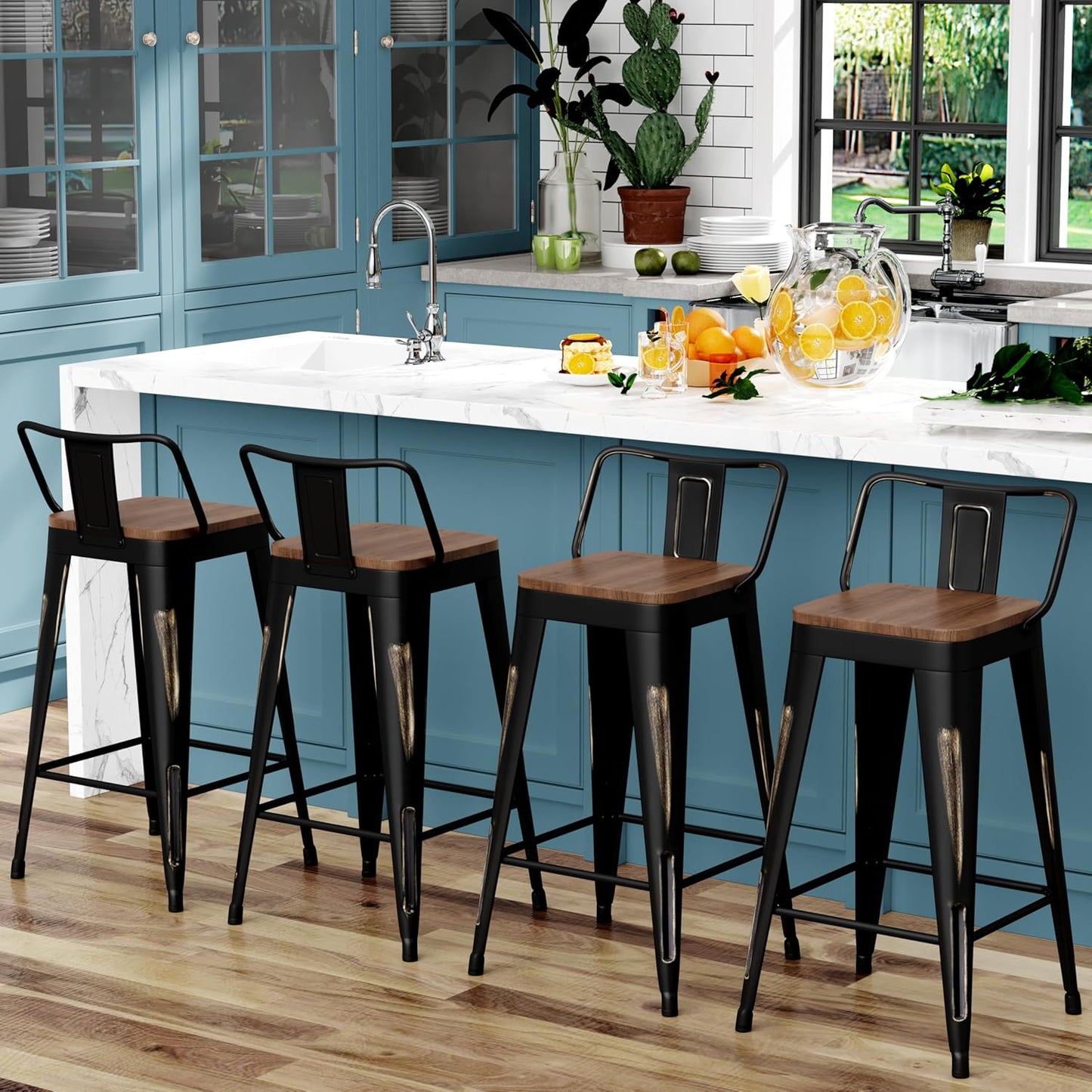 WENTMENT Bar Stools Set of 4 Counter Height Bar Stools Metal Barstools with Removable Back 30" Kitchen Bar Stools with Wooden Seat, Distressed Black