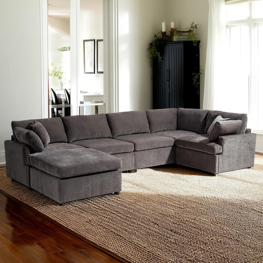 100 Inch U-Shaped Modular Convertible Sectional Sofa with Removable Ottoman and Pillows, Oversized 6 Seater Upholstered Corner Couch for Living Room, Office, Spacious Space, Gray