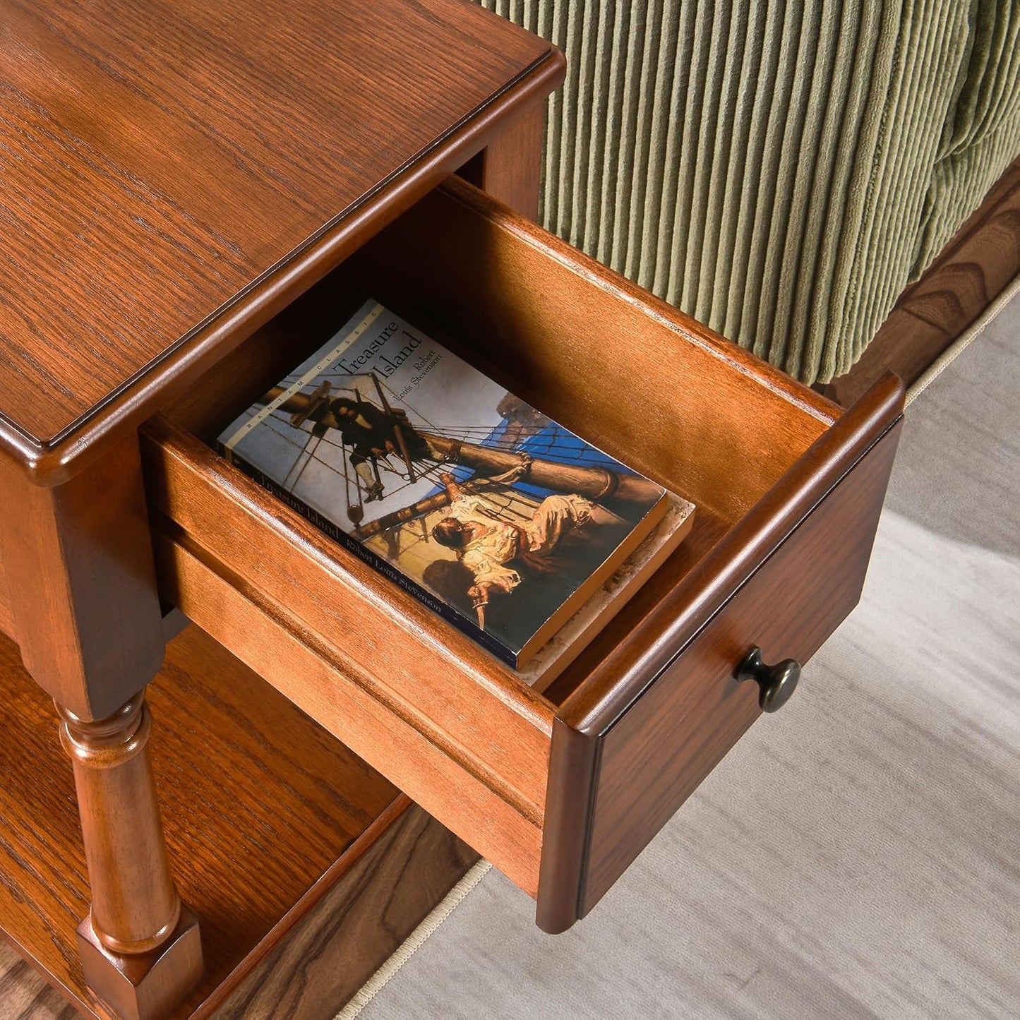 Narrow End Table with Drawer and Open Storage Shelf, Solid Wood Sofa Side Table for Living Room, Beside Table,Telephone Table for Small Spaces, No-Tools Assembly Caramel Brown BBJ004DR