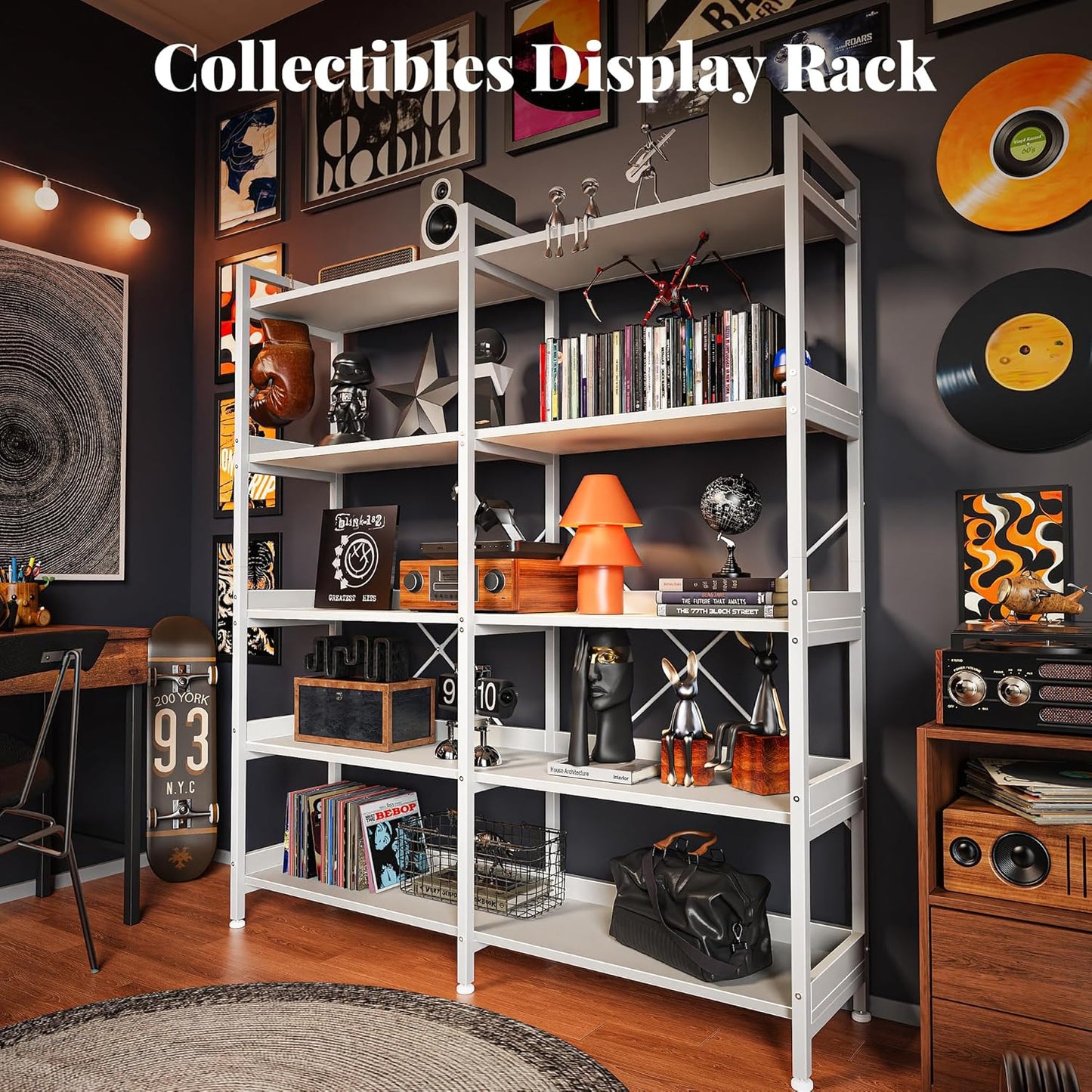 Huuger 5 Tier Bookshelf, Display Bookshelf with 10 Open Shelves and Raised Baffle, 47.2 Inch Straight Wide Bookcase with Metal Frame and Wooden Board, Adjustable Feet, White