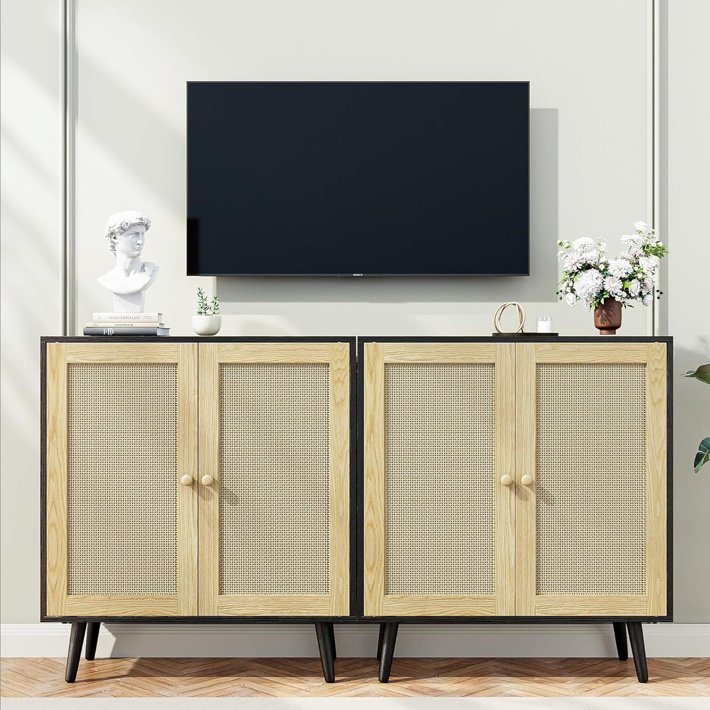 Rattan Sideboard Buffet, Accent Cabinet Cupboard Console Small Cabinet with Doors and Adjustable Shelve for Kitchen & Entryway Storage, Black