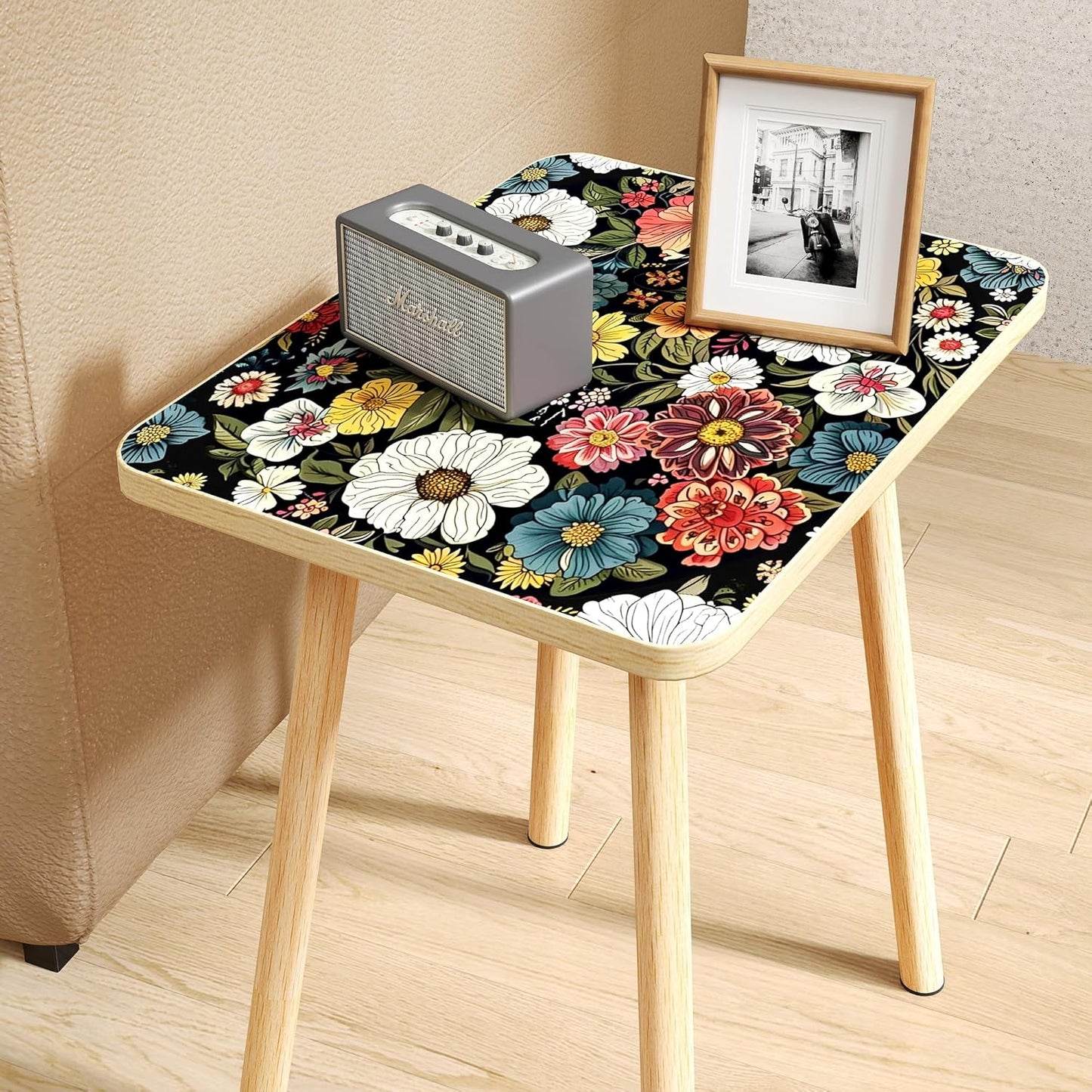 Mandala Small Rectangle End Table, Side Table with Colorful Flowers Finish, Retro Modern Small Coffee Table for Balcony, Living Room(11.8" D x 15.7" W x 17" H, Colorful, Rectangle)