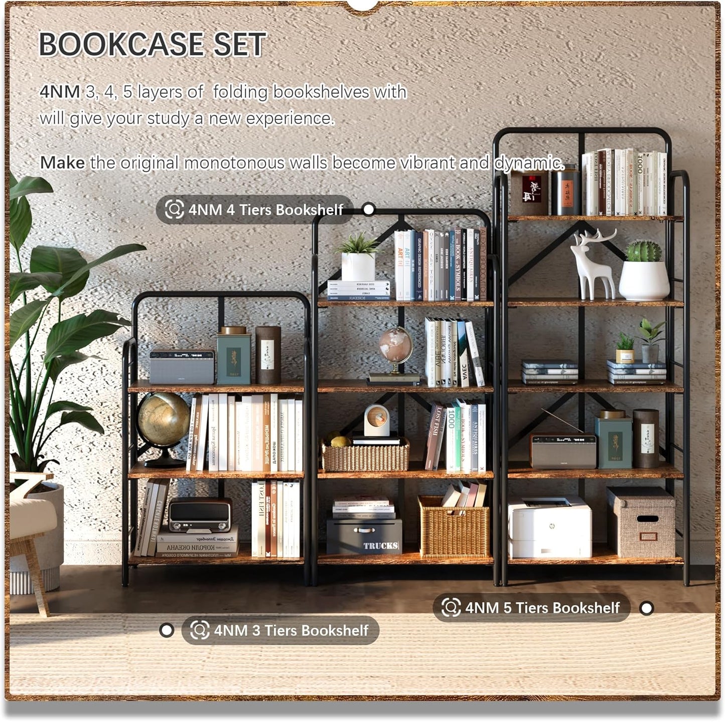 4NM No Assembly Folding Bookshelf 4 Tiers Vintage Industrial Black Book Shelf Metal Foldable Storage Bookcase and Bookshelves for Living Room,Bedroom and Kitchen - Rustic Brown