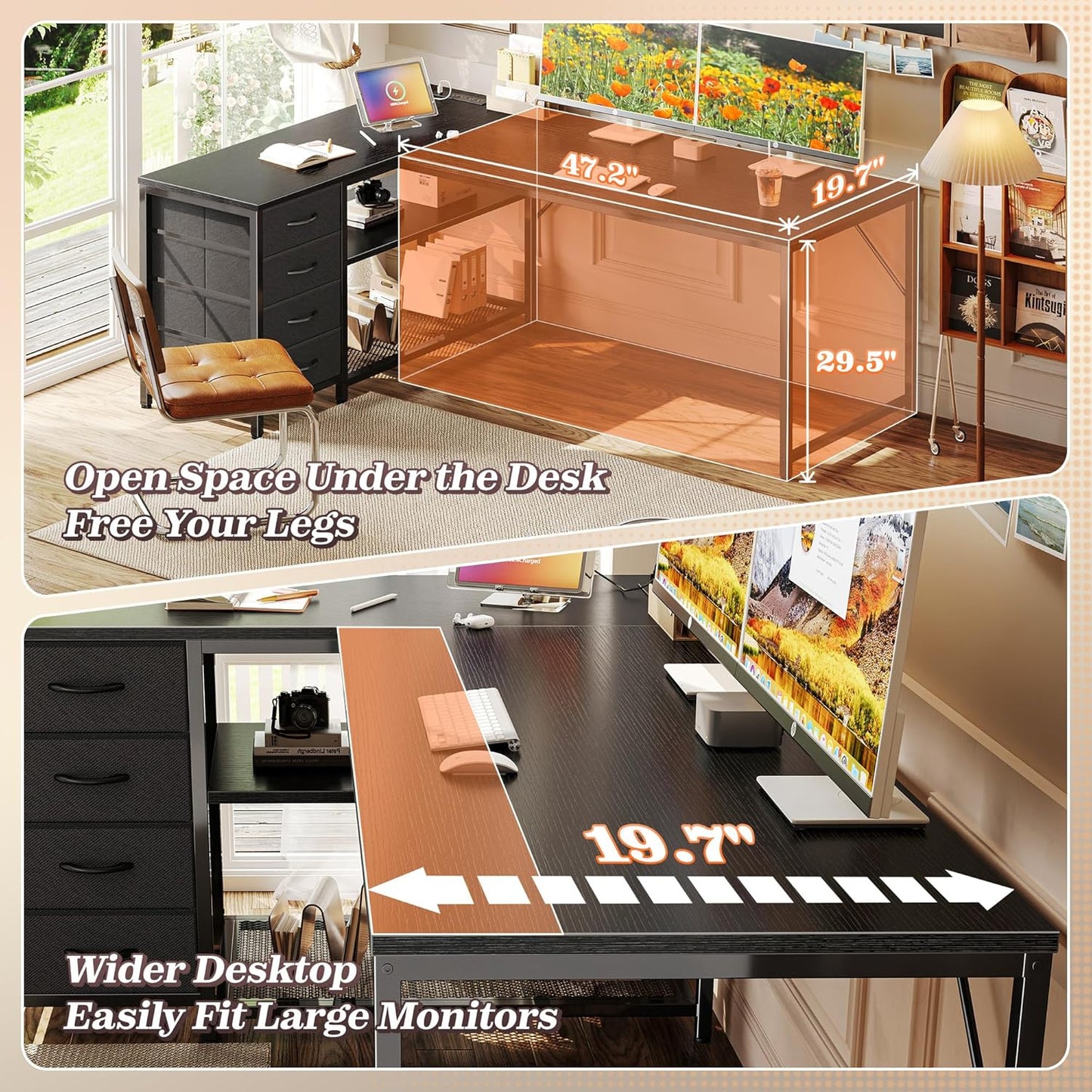 PRAISUN 61" L Shaped Desk with Power Outlets and USB-C Port, Reversible Computer Corner Office Desk with 4 Fabric Drawers and 2 Height-Adjustable Shelves, Large for Gaming Writing Work Study,Black