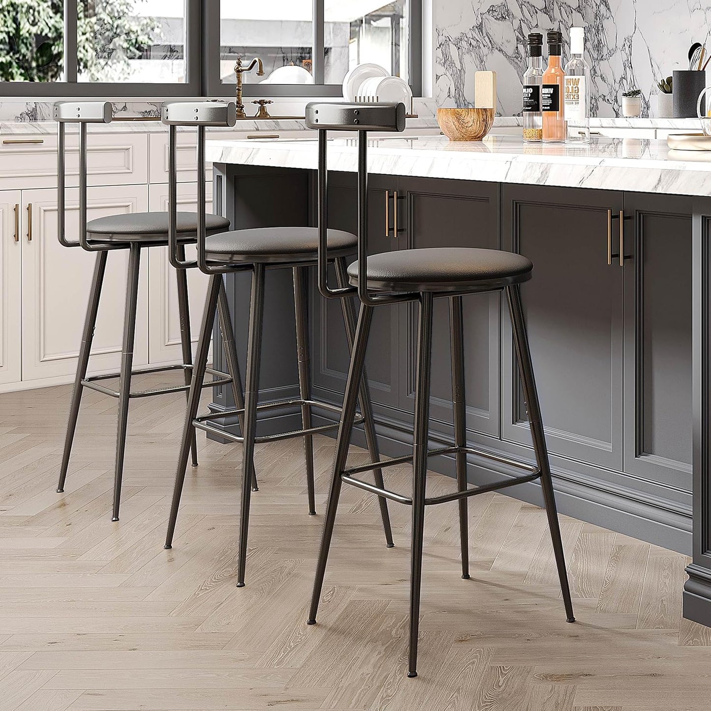 Bar Stools, Set of 2 High Kitchen Barstools, Bar Chairs with Backrest and Footrest, Industrial Counter Stools with PU Soft seat, for Kitchen, Living Room, Pub, Black BS-013BK