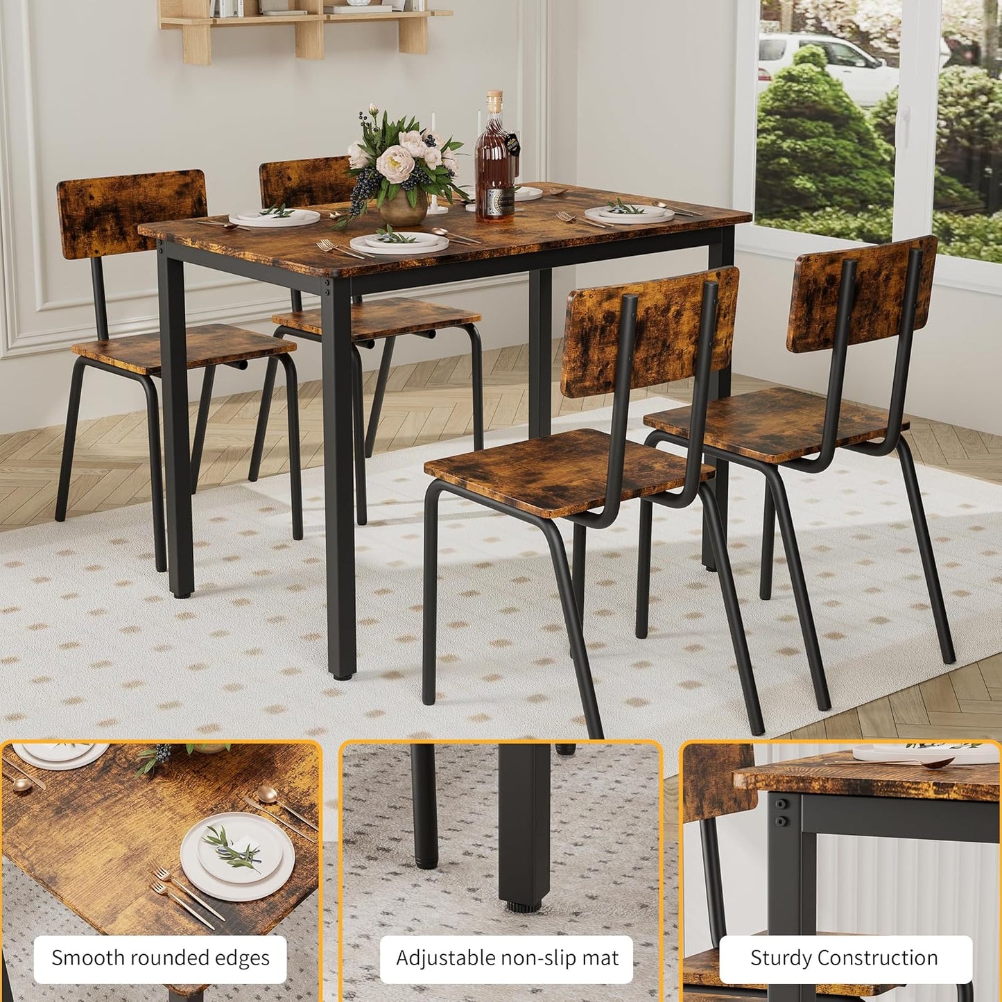 Ball & Cast 5 Pieces Dining Table Set with 4 Chairs,Kitchen Table and Chairs for 4 W/ 43" Rectangle Desk,Living Room Furniture W/Anti-Slip Foot Pads and Corner Protection,for Small Space,Brown