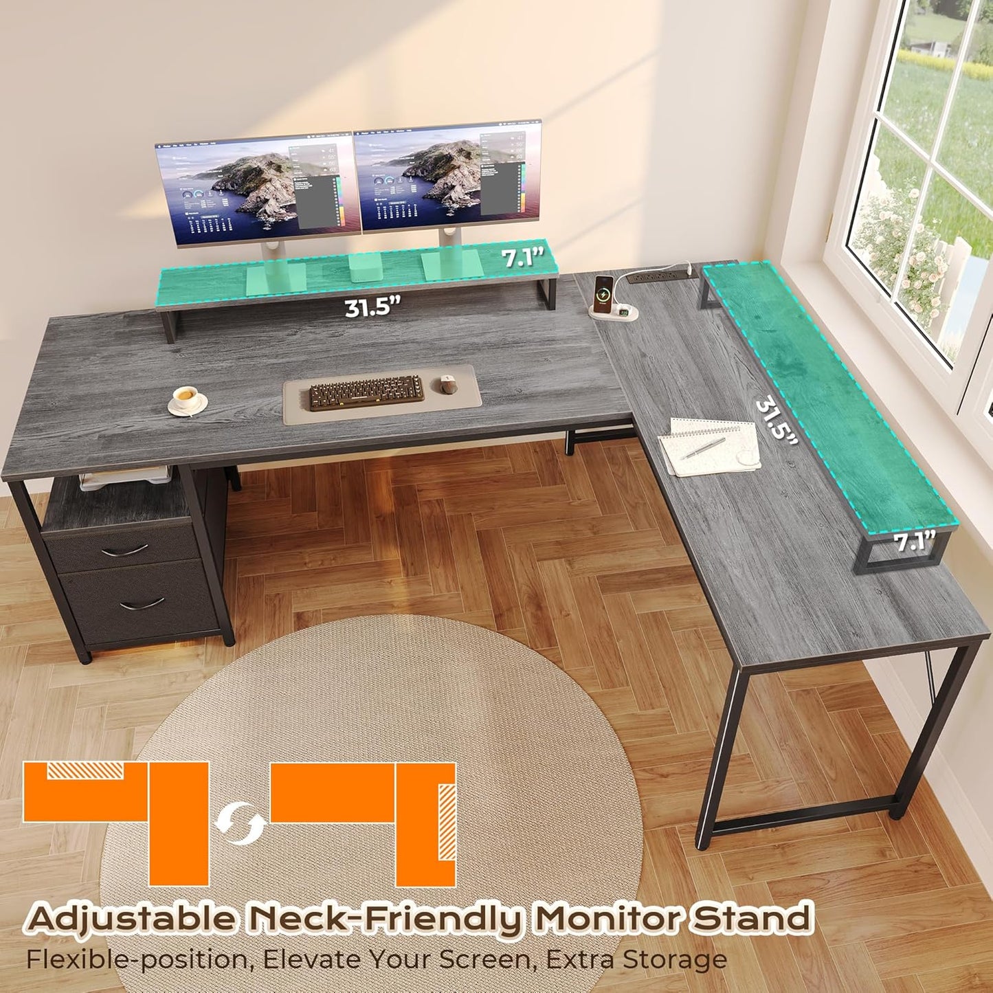 PRAISUN 63 Inch L Shaped Desk with Power Outlets and USB-C Port, Computer Corner Home Office Desk with File Fabric Drawers and Movable Monitor Stand, Larger Storage, Gaming, Writing, Work, Grey