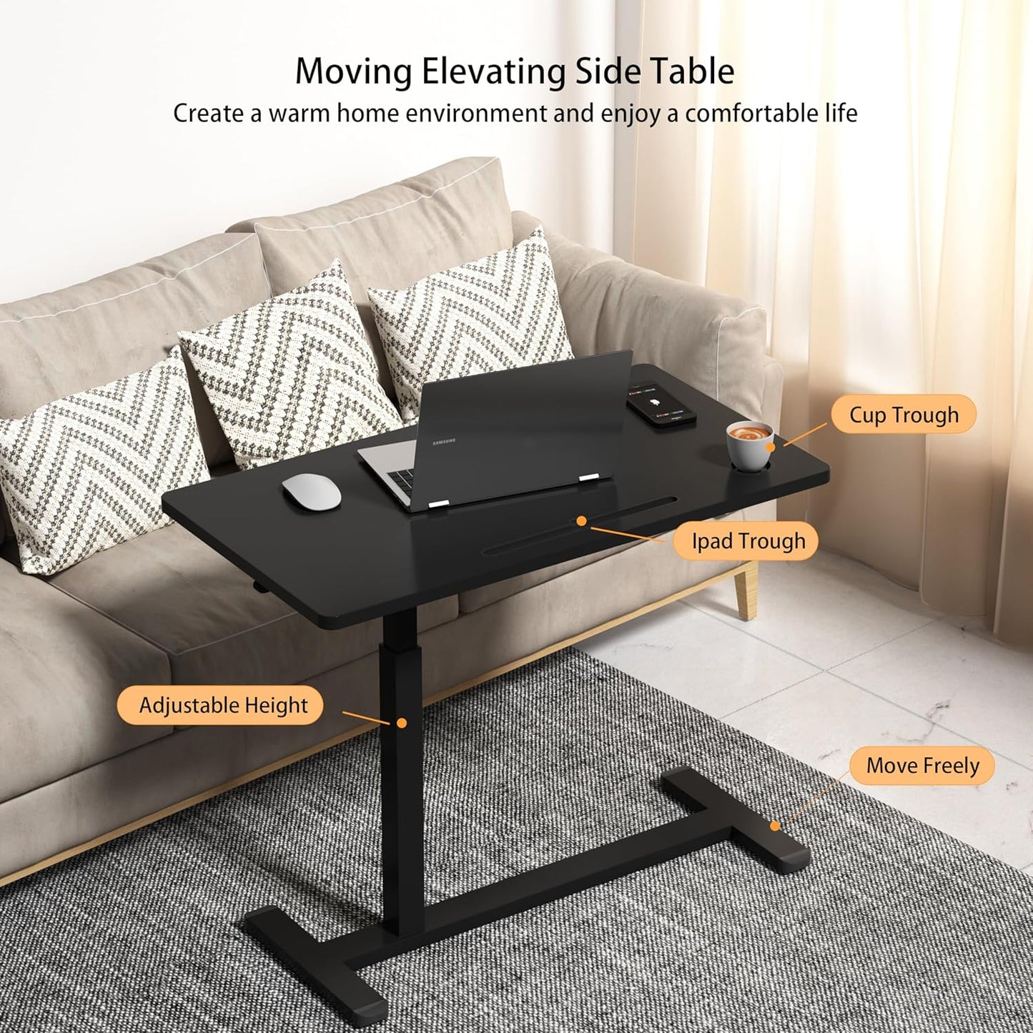 Home Office Desks Height Adjustable with 360° Moveable Hidden Wheels,Multifunctional Pneumatic Laptop Desk Suitable for Sofa、Bedside、Study and Work Use,Black