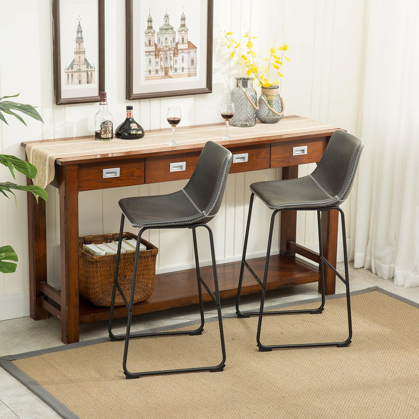 Roundhill Furniture Lotusville Vintage PU Leather Bar Stools, Antique Gray, Set of 2