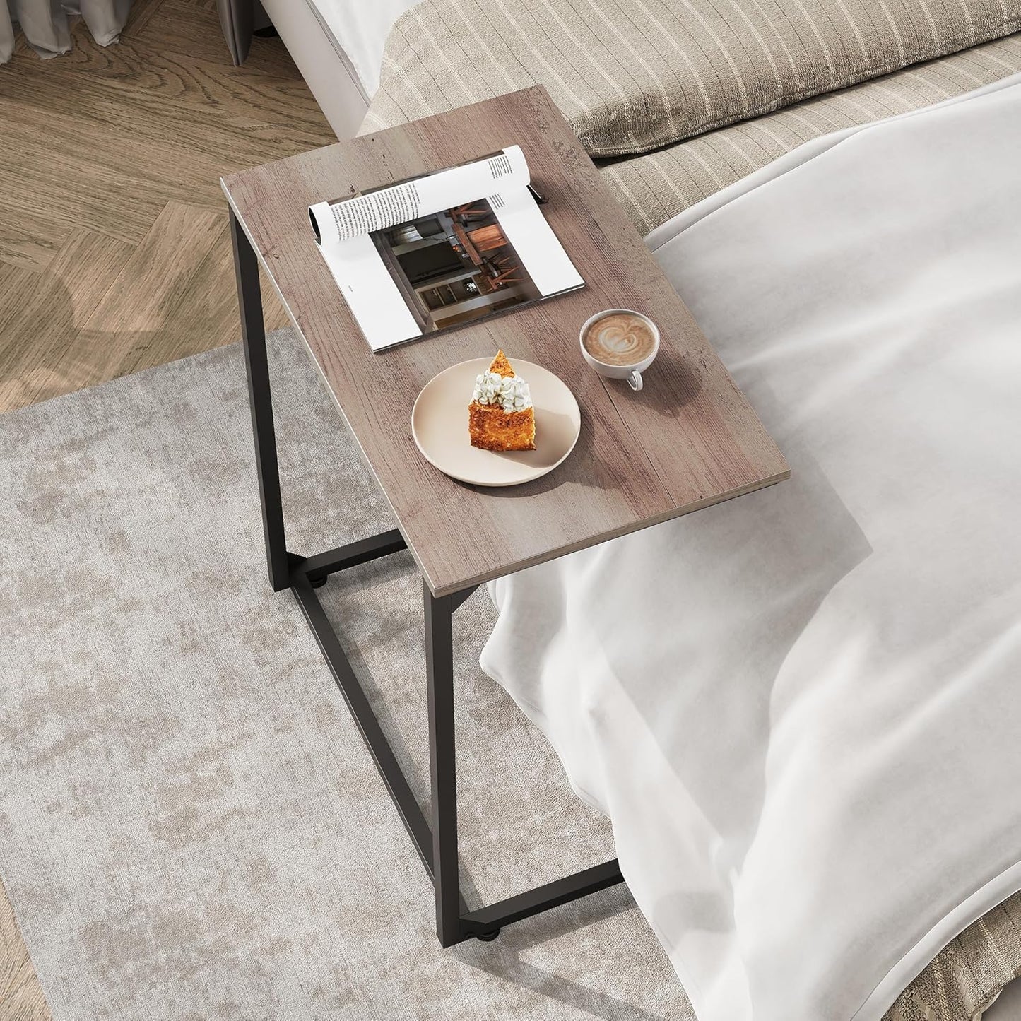 WLIVE C-Shaped End Table, Small Side Tables for Sofa, Wide Couch Table That Slide Under, Laptop Snack Table for Living Room, Bedroom, Home Office, Grey