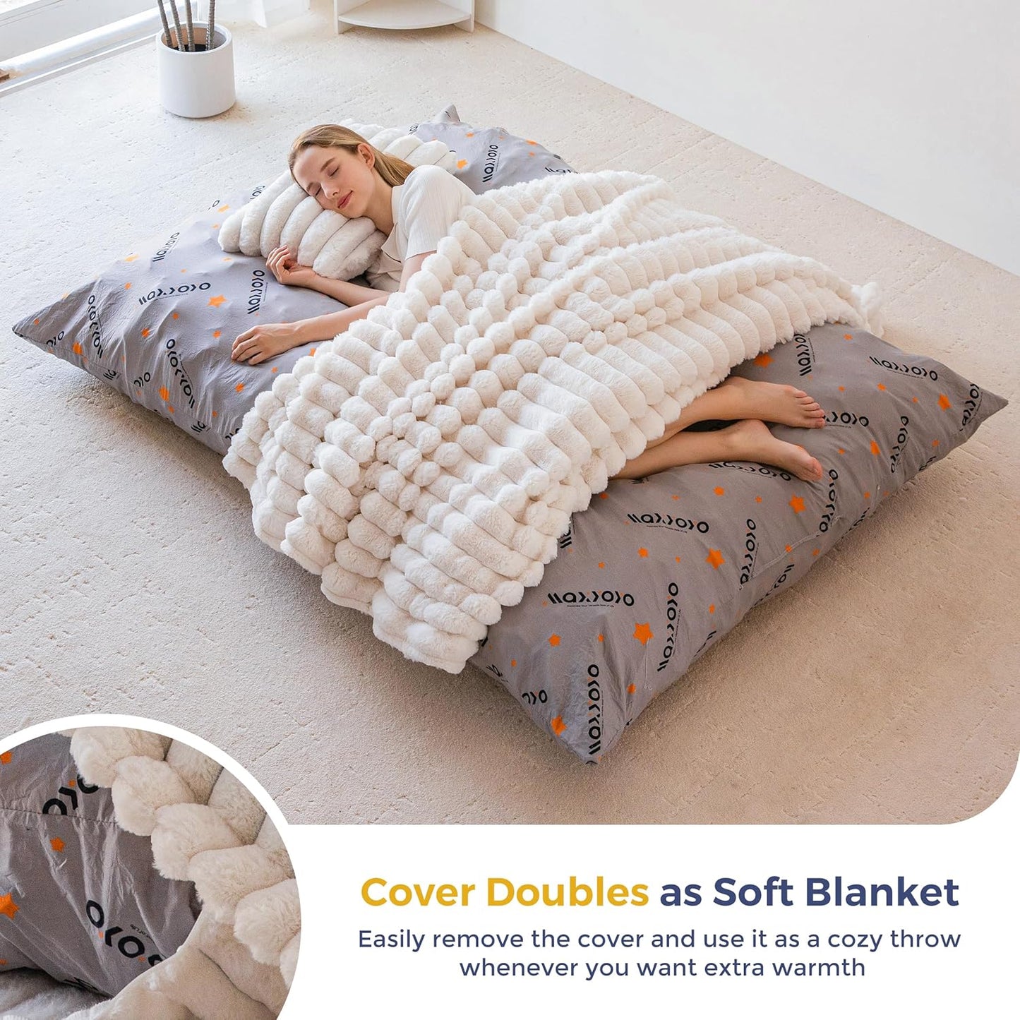 MAXYOYO Giant Bean Bag Chair with Pillow, 3 in 1 Convertible Bean Bag Chair for Adults with Washable Cover, Removable Floor Cushion Stuffed Floor Lounger for Living Room Bedroom, Beige