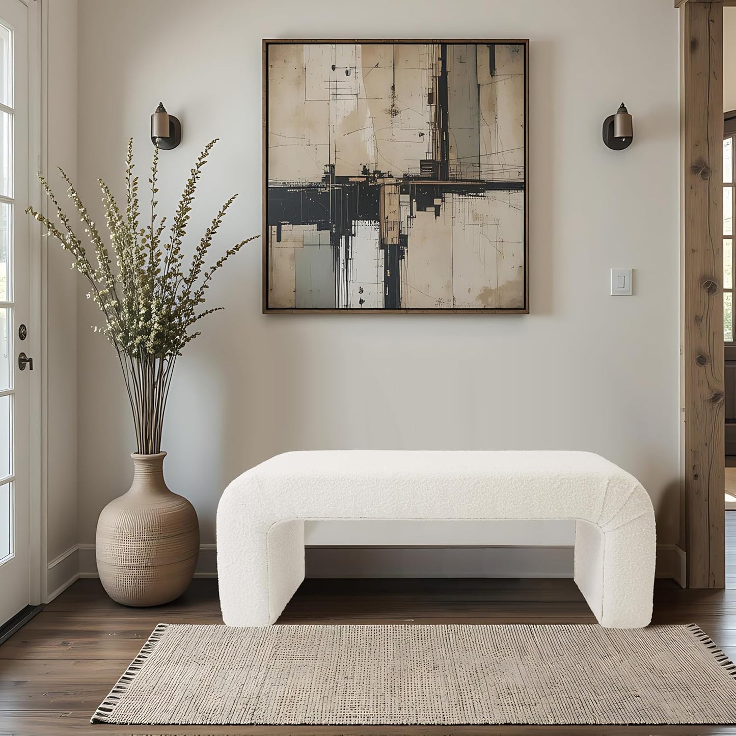 HomePop Arch Channel Bench|Bench for Living Room & Bedroom | Decorative Home Furniture - Cream Boucle