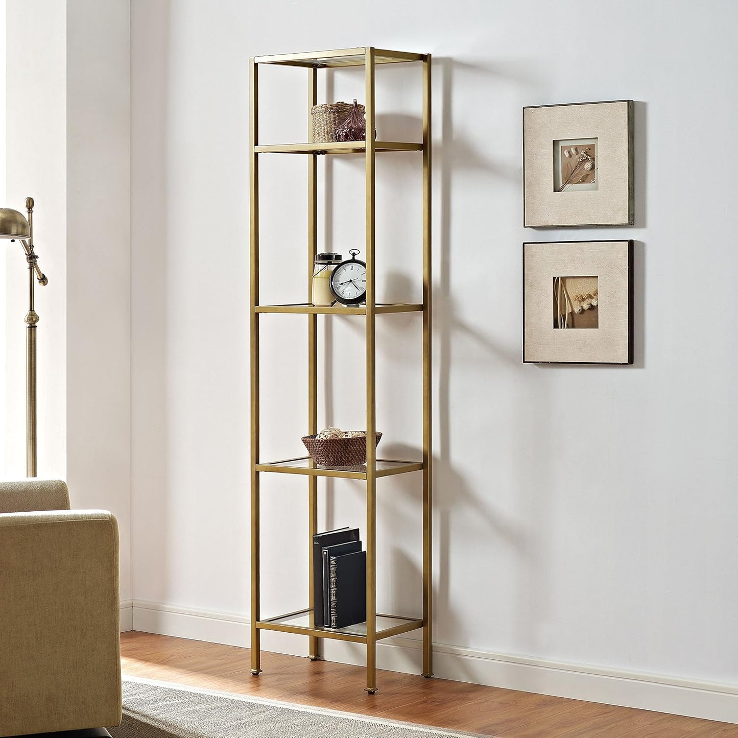 Crosley Furniture Aimee Narrow Bookshelf with Glass Shelves, Bookcase Storage, Gold and Glass
